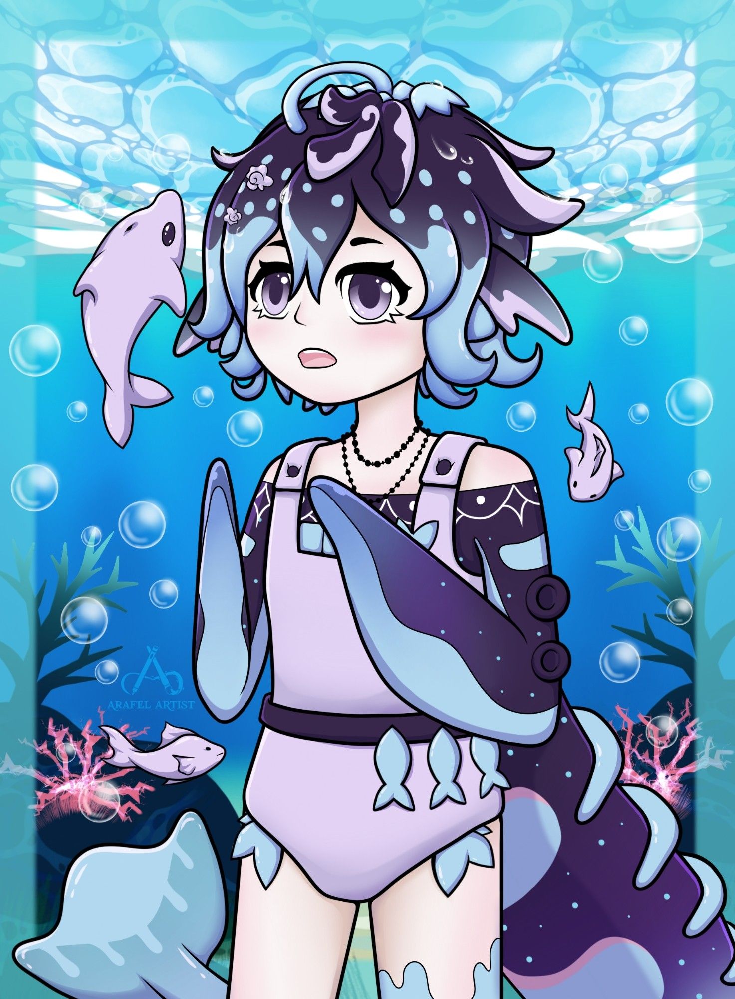 A cute little mer person with purple and blue fish like hair and skin. They are under the water playing with their fish friends!