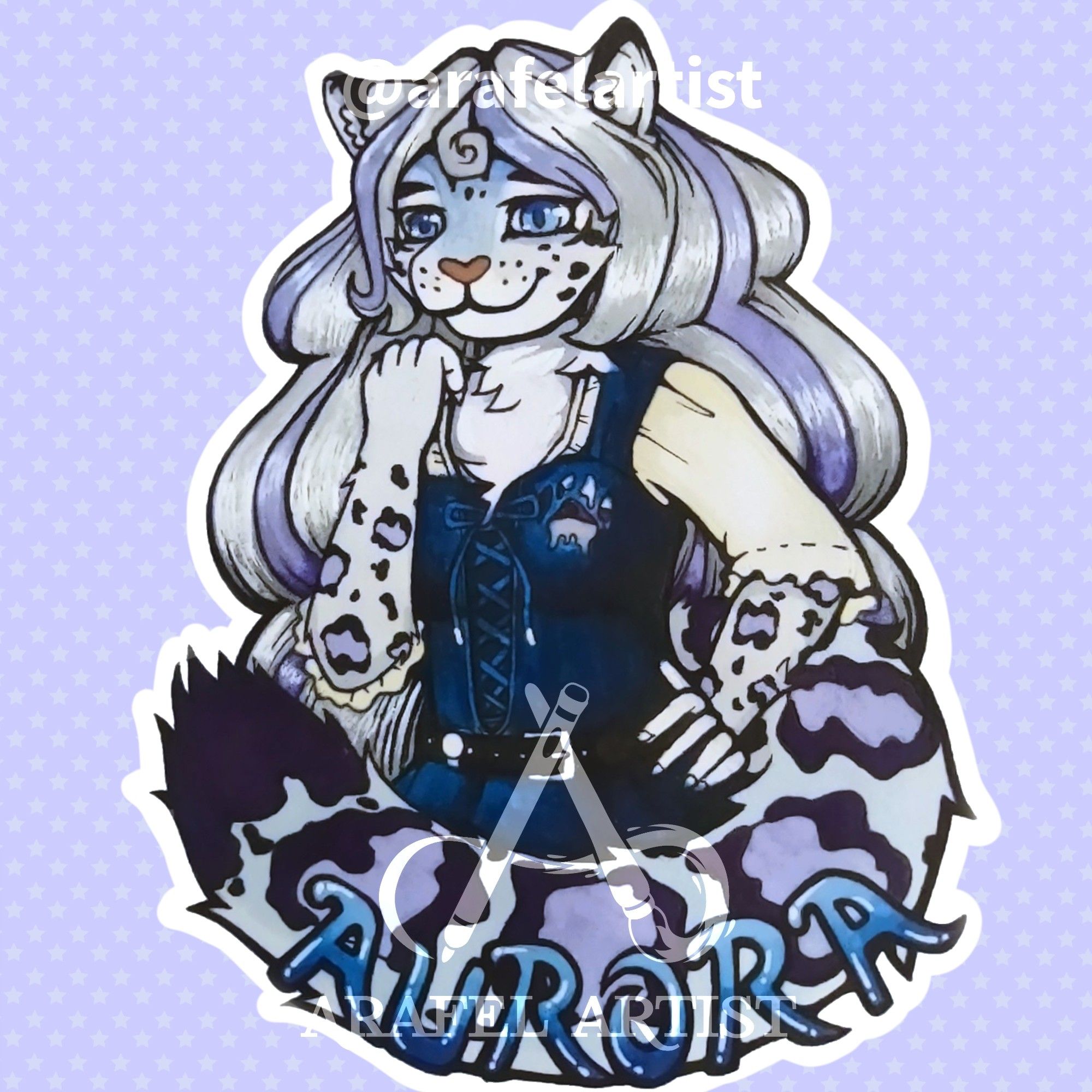 Traditional Artwork done of a purple and blue-grey snow leopard fursona wearing a blue dress. The name Aurora is at the bottom along the tail. A digital light purple background with lighter purple stars is behind the character.