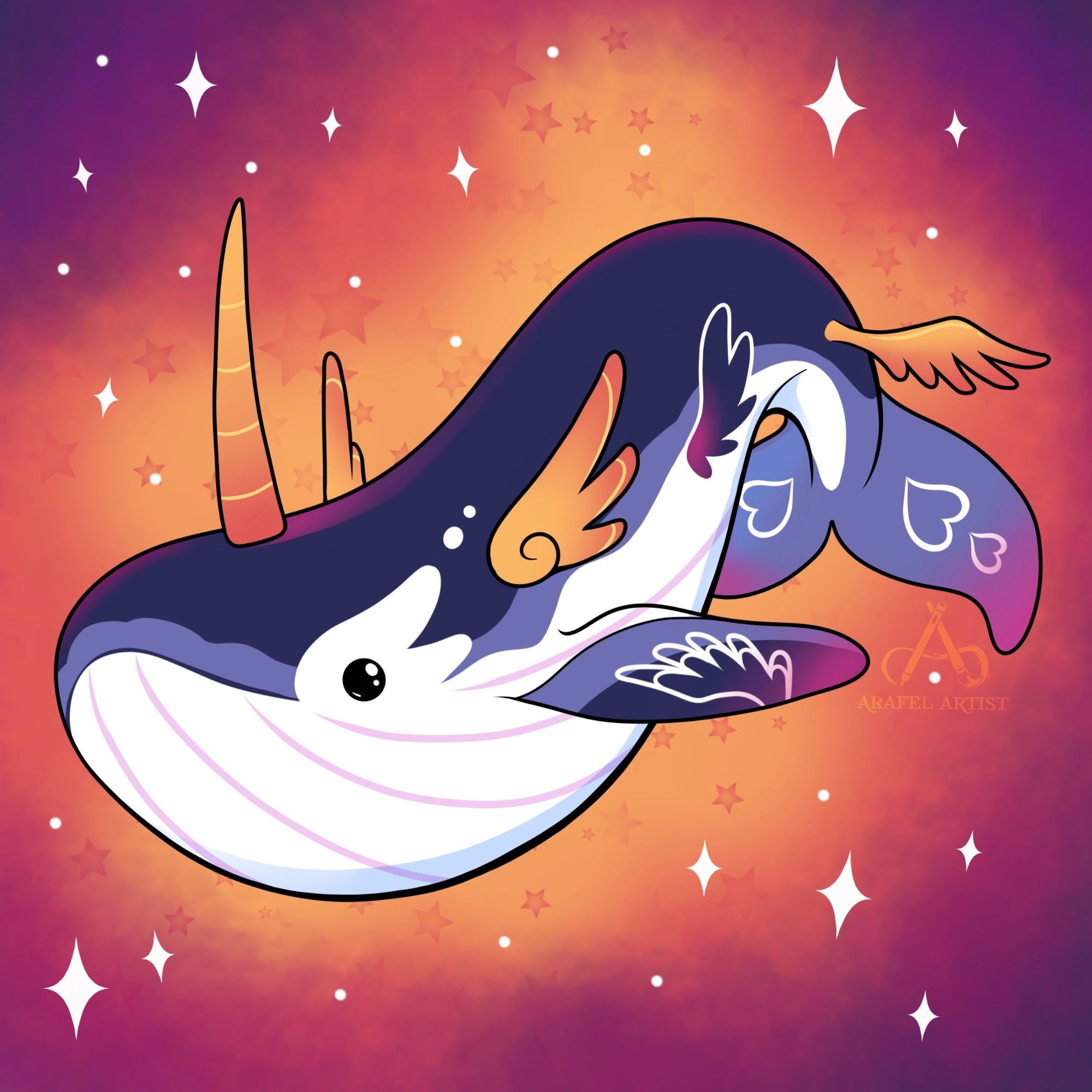 Purple and white whale with two sets of orange wings and an orange unicorn horn.