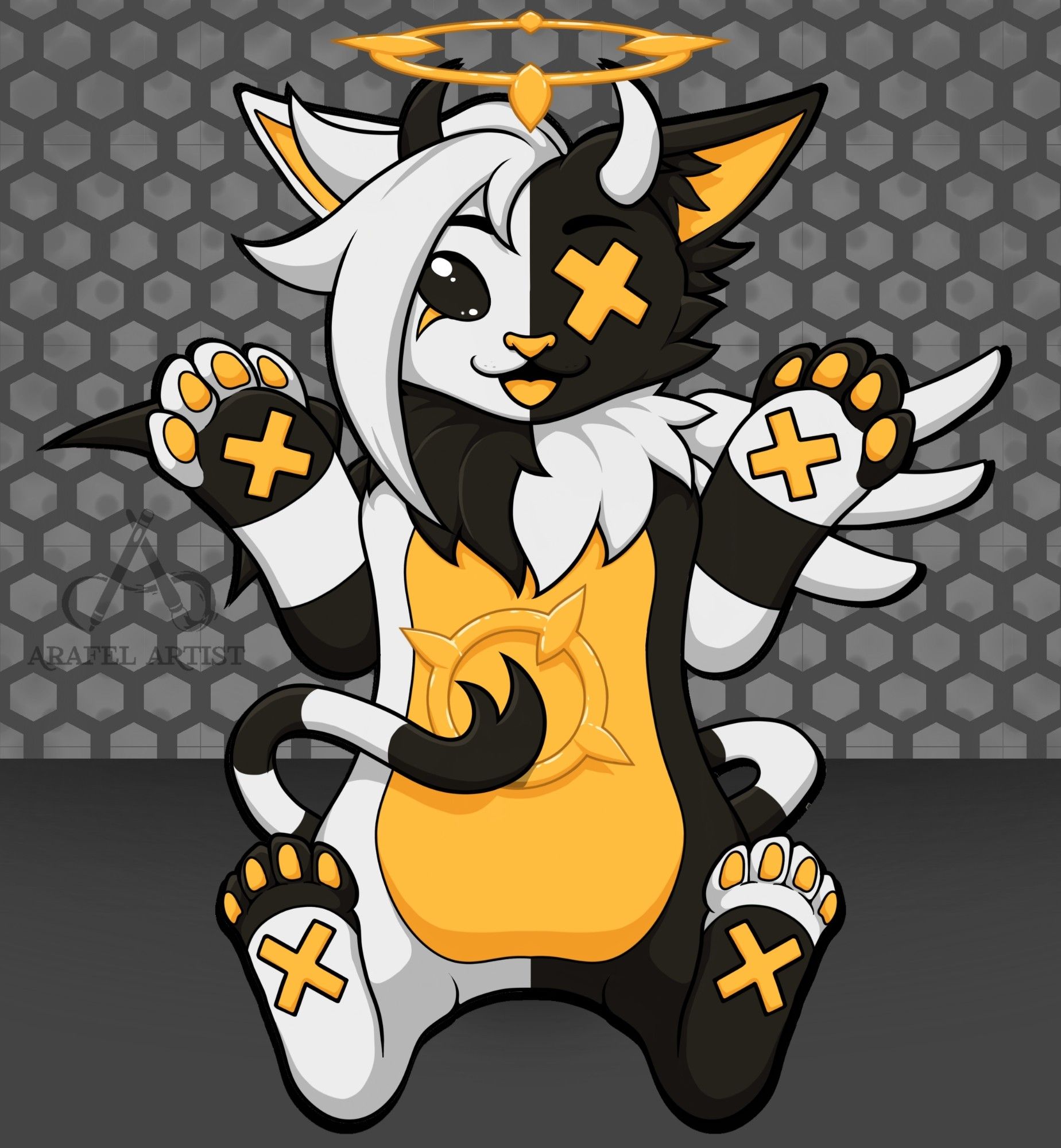 Little anthro furry creature who is half black half white with yellow accents. Paw pads and one eye are Xs.