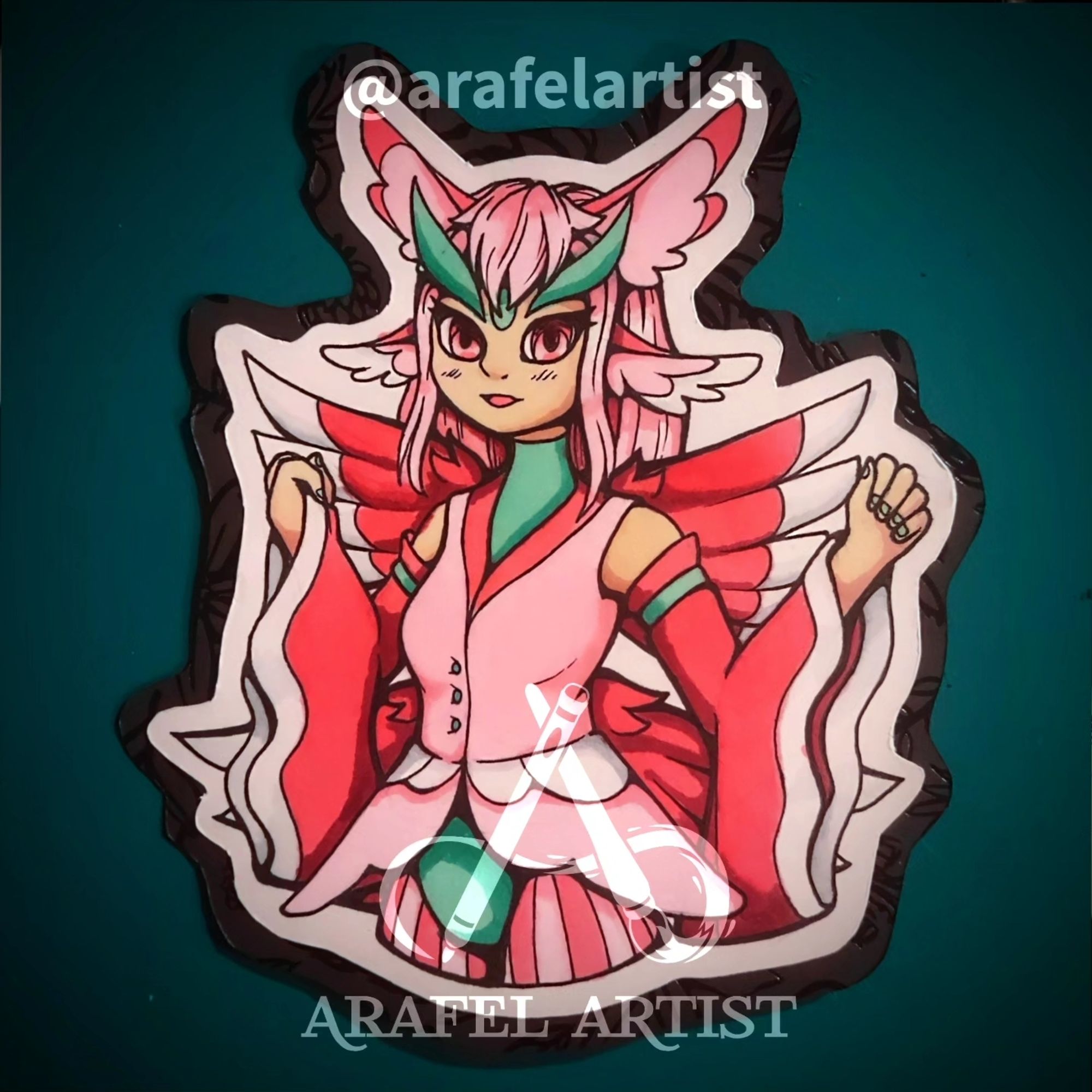 A drawing of a humanoid character with two sets of pink red and white wings for ears, two more dark pink wings on her back, pink hair, and an outfit of mixed green, dark pink, light pink and white. The sleeves are flared at the opening.