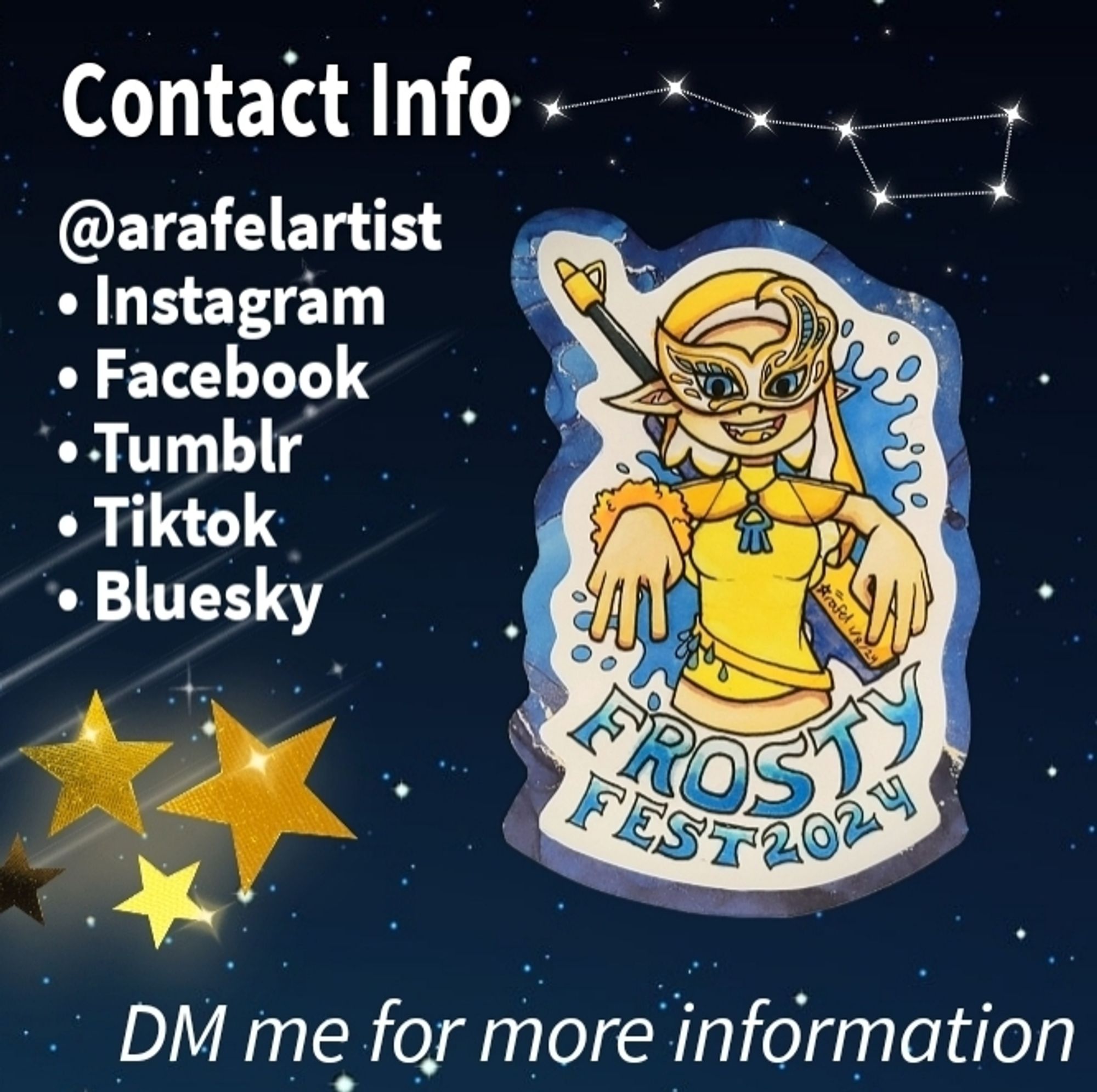 Contact info @arafelartist on instagram, facebook, tumblr, tiktok, and bluesky. DM me for more information. Another badge example to the right of text.