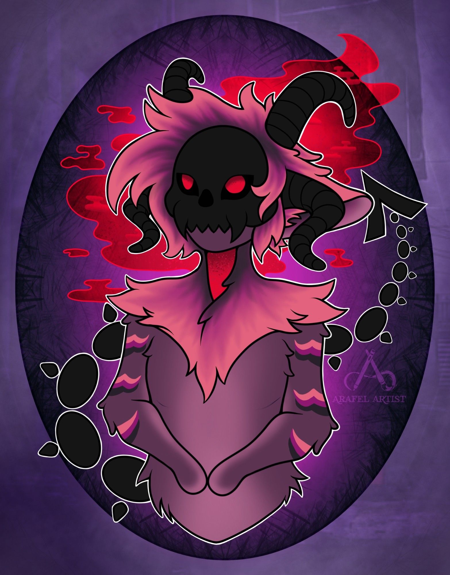 A skull faced humanoid with four black horns. A pink and purple mane covers the head and neck above a purple body. Red smoke comes out the nack of their neck. They also have a beaded pointed tail.