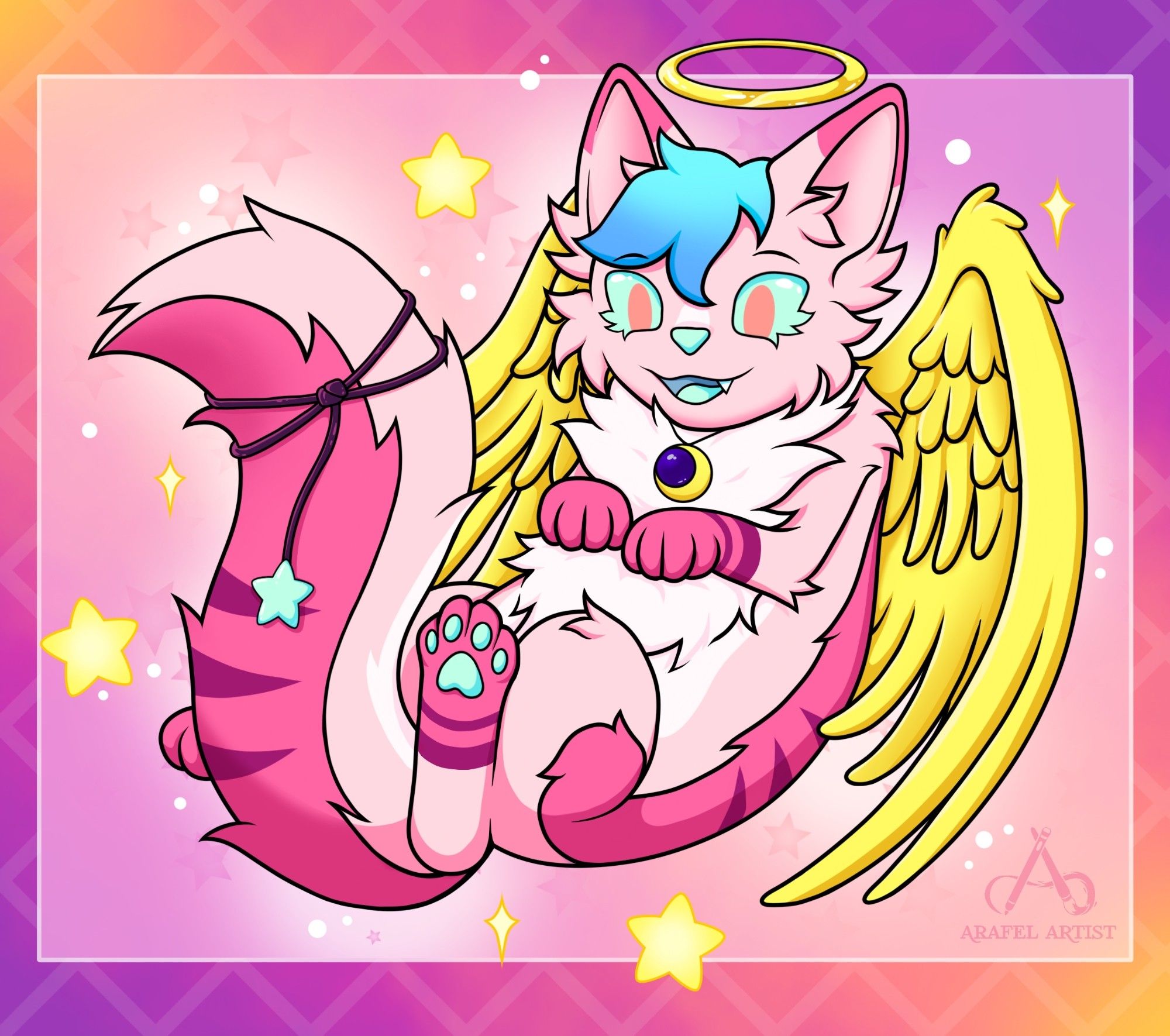 Fluffy furry feral dog laying on it's back. It's fur in various shades of pink. It has two yellow wings and a halo. It wears a star dangling from it's tail and a moon necklace