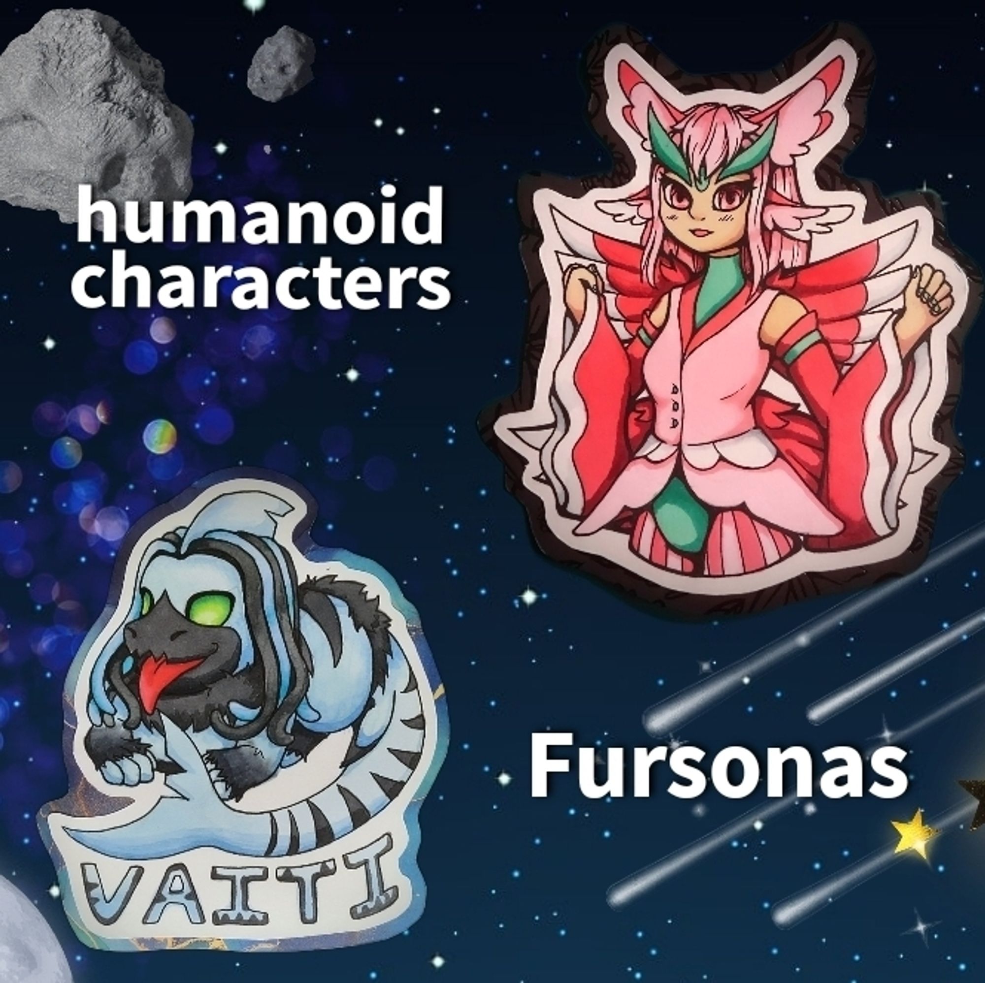 Humanoid characters top left with example of them on top right. Fursona written on bottom right with example of them on bottom left.