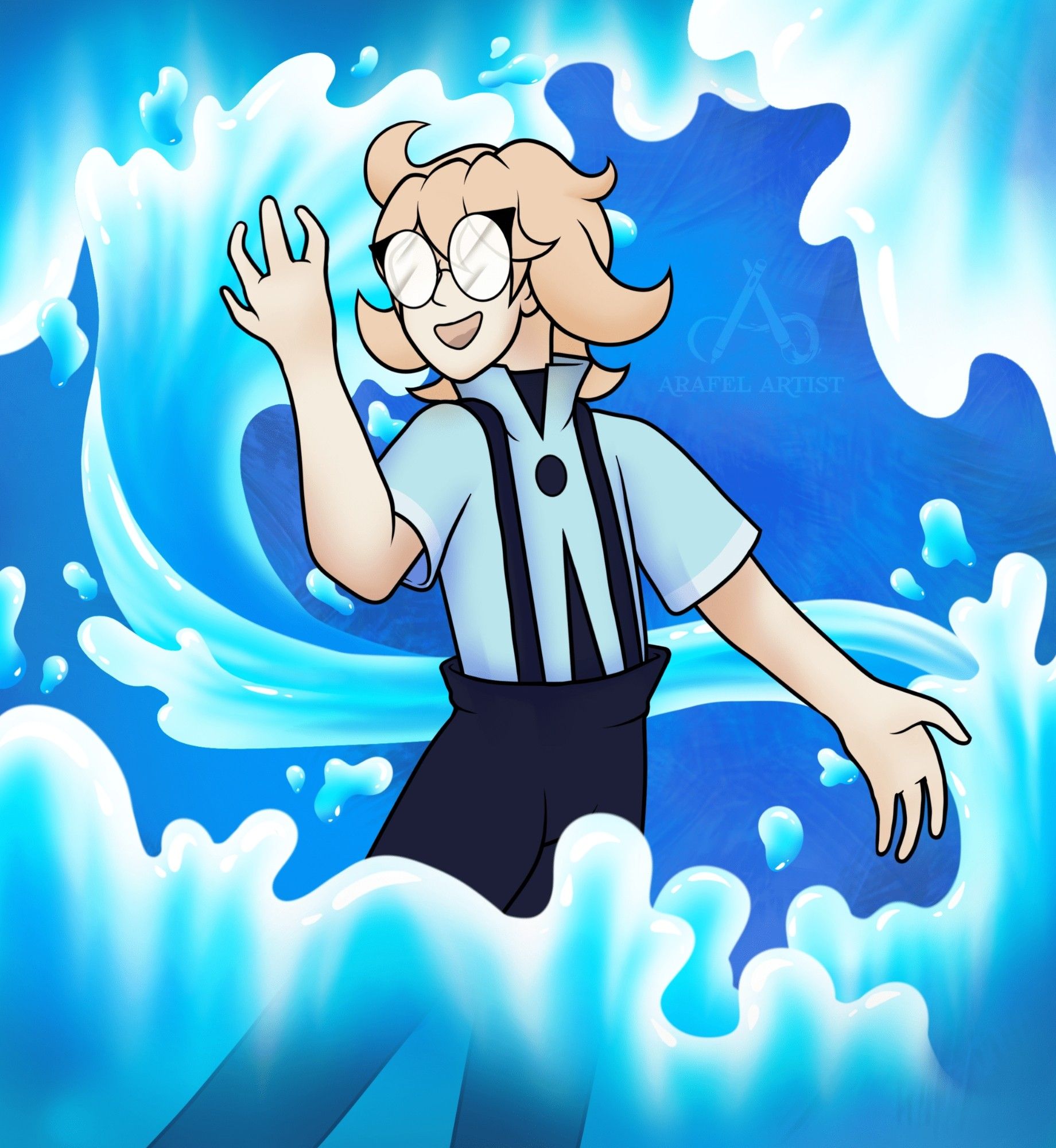 A drawing of a human with blond hair, a blue shirt and dark blackish blue pants. He is surrounded by water.