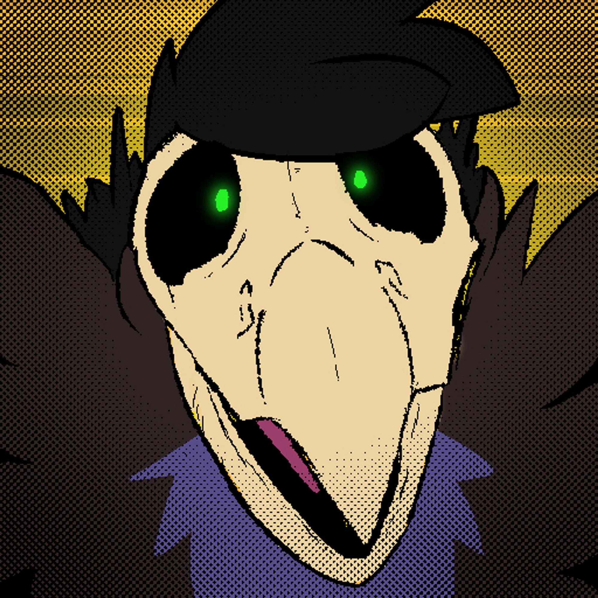 Halloween-themed version of a gryphon, with a skull as a face and glowing green eyes.