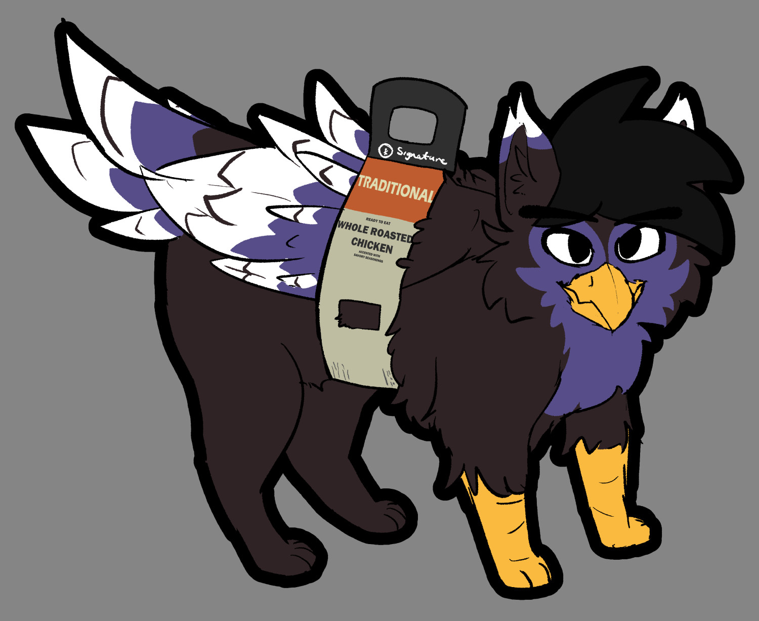 Pixel, a gryphon, with a cardstock label wrapped around their waist. It says "Traditional Whole Roasted Chicken"