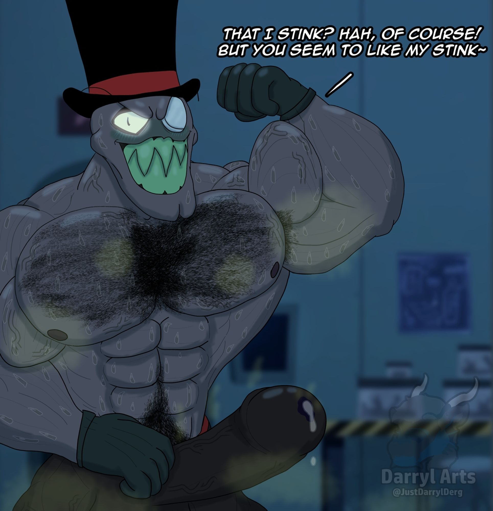 Black Hot from Villainous can be seen flexing his bulging biceps, showing off.
His muscular body is covered in sweat, while it can be seen from his waist up, a very gentle, yet present mist of yellow-green musk can be seen around his body and bulge, his chest area and a section near the crotch area having prominent hair present, in his crotch area presenting a massive bulge with an erection present, leaking precum already.
Black Hot, speaking in English, says: "That I stink? Hah, of course! But you seem to like my stink~"