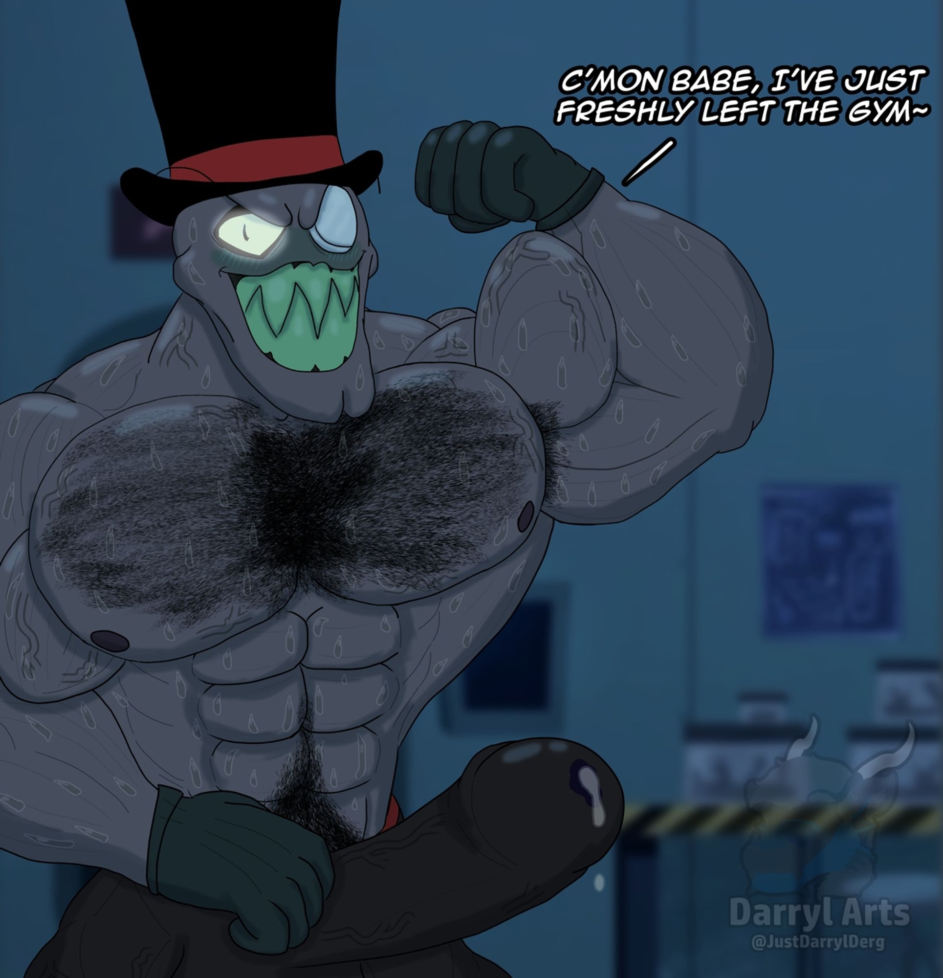 Black Hot from Villainous can be seen flexing his bulging biceps, showing off.
His muscular body is covered in sweat, while it can be seen from his waist up, his chest area and a section near the crotch area having prominent hair present, in his crotch area presenting a massive bulge with an erection present, leaking precum already.
Black Hot, speaking in English, says: "C'mon babe, I've just freshly left the gym~"