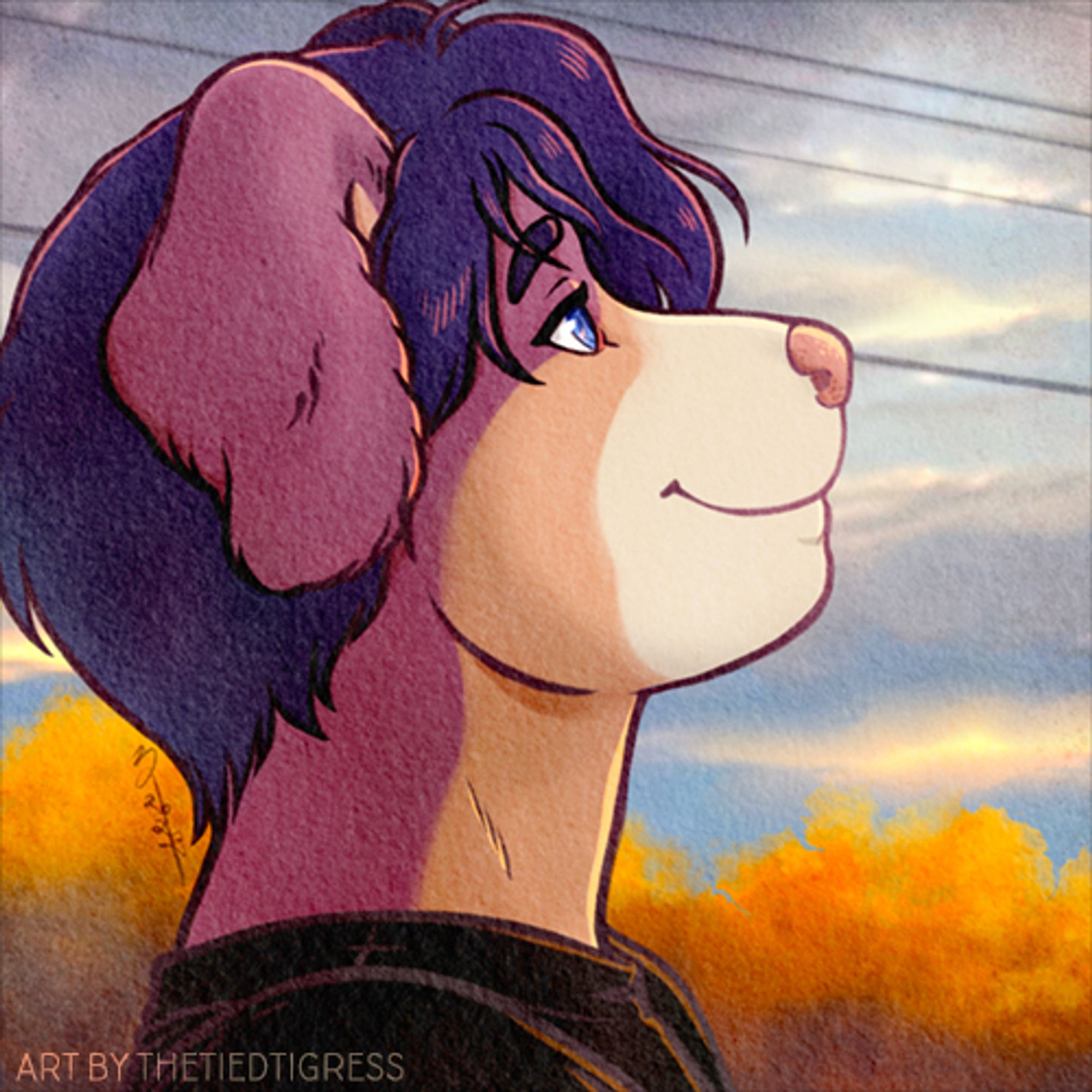 A purple and pink canine looking up with a fall yellow forest behind them