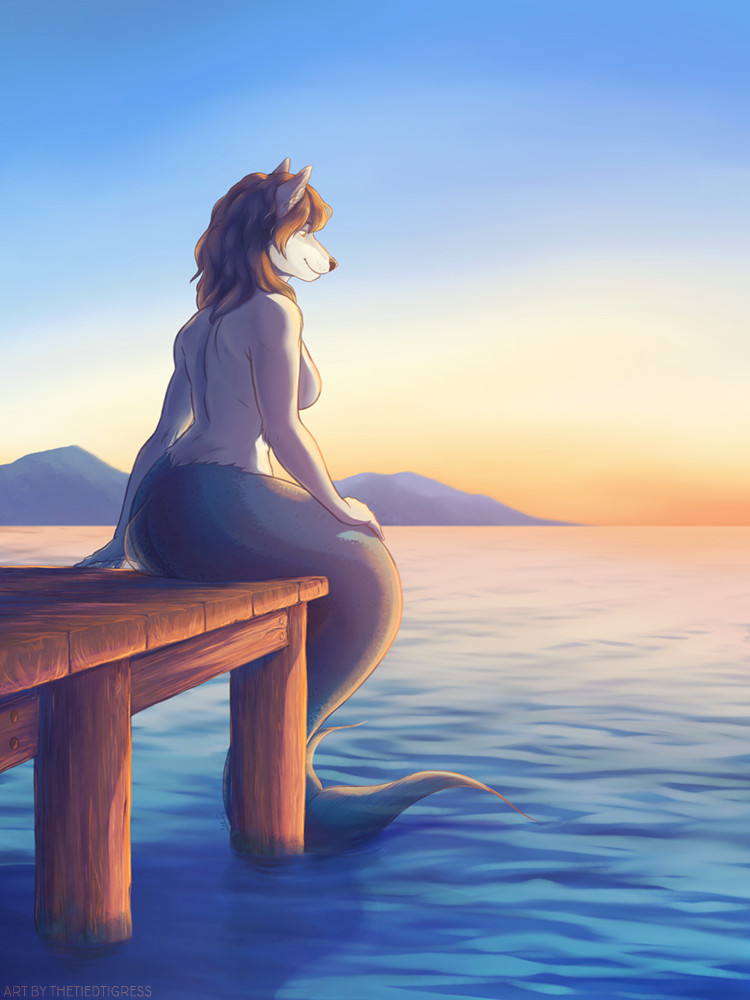 a wofl mermaid seated on a dock at the golden hour, yellow light spread across the watery horizon