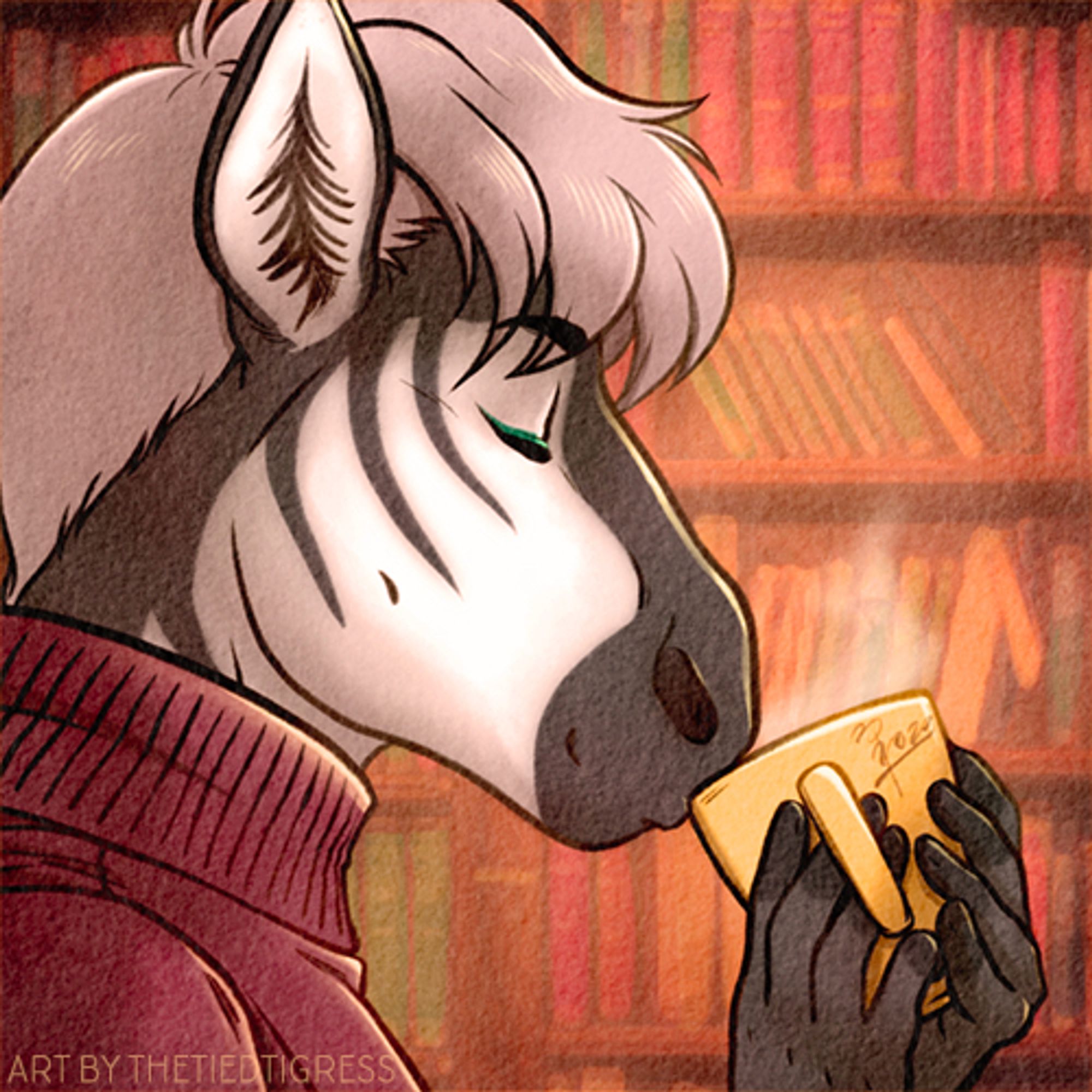 A zebra-donkey with short white hair sips from a steaming yellow mug in a cozy library