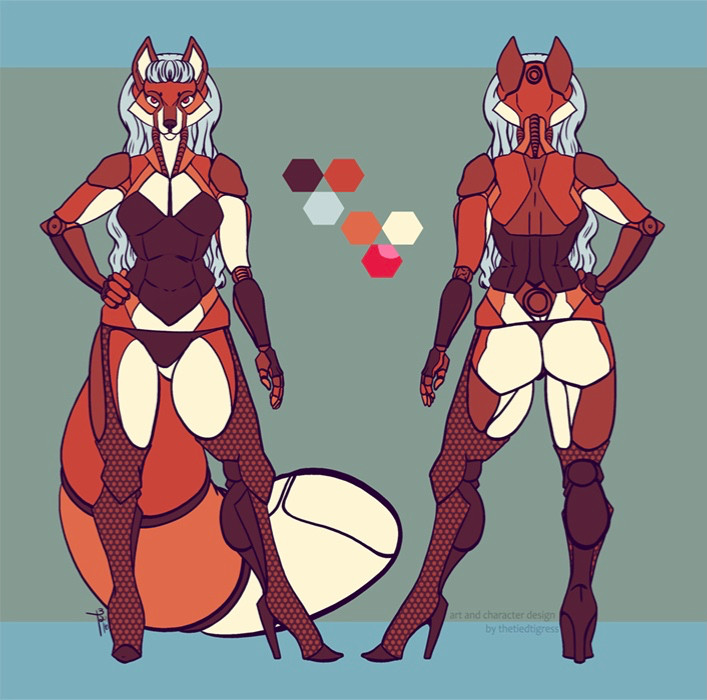 A reference sheet of an android fox character, with built in corset and fishnets