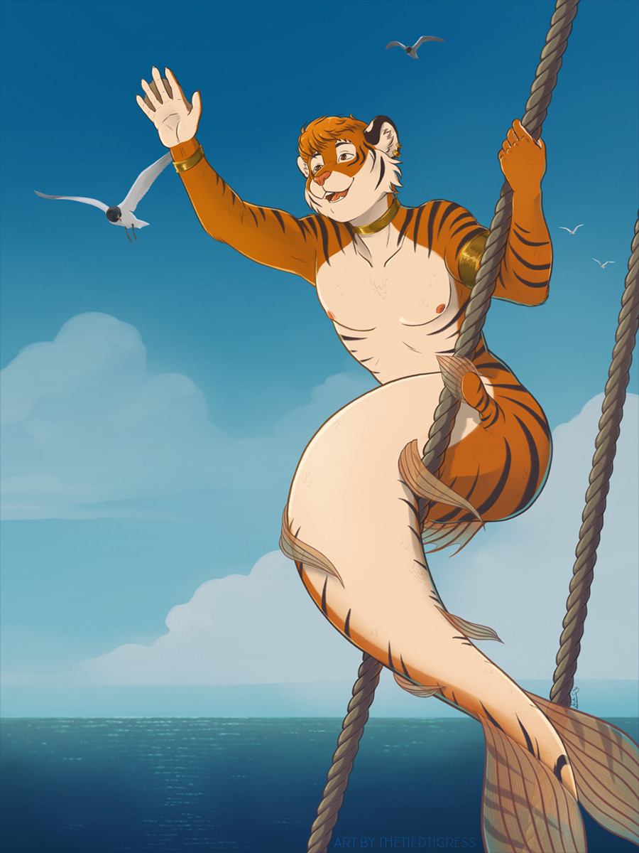 a tiger man waving off camera while hanging onto ship rigging