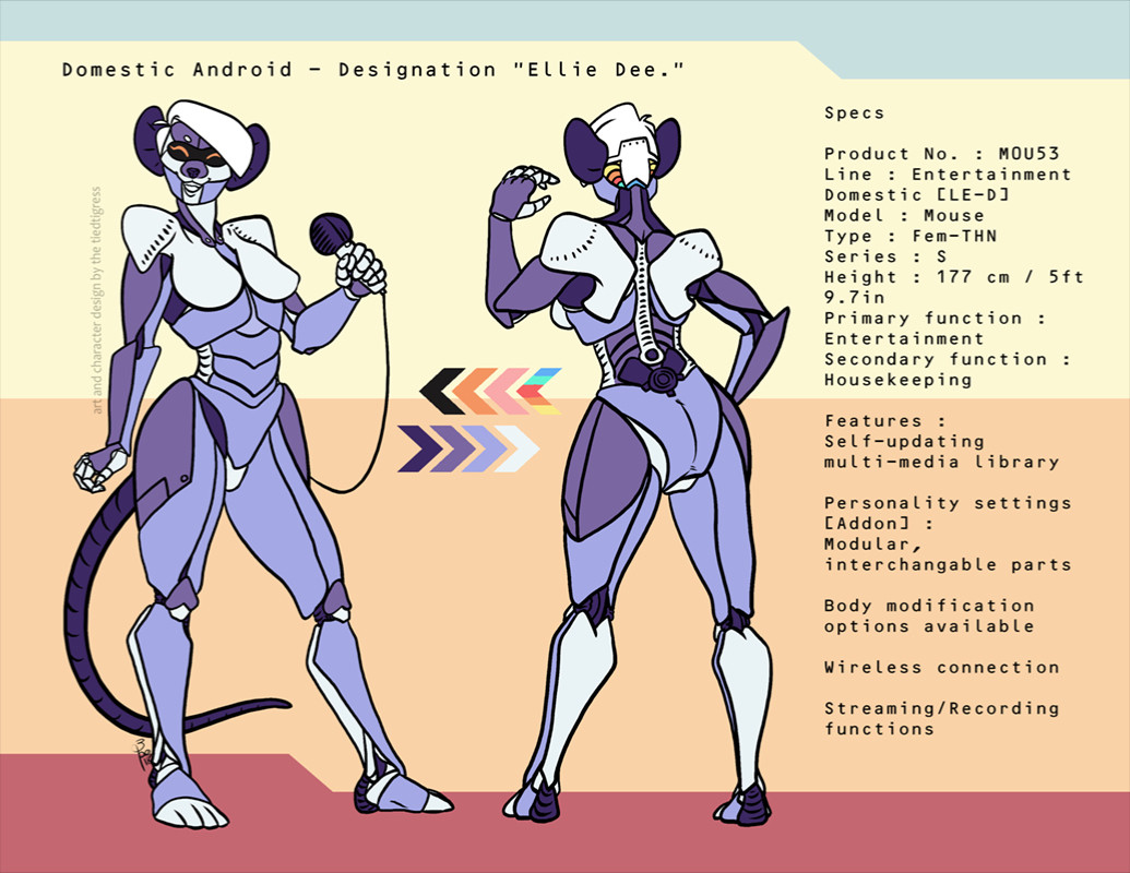 A reference sheet of a soft blue lavender robot mouse with a mic, and information text