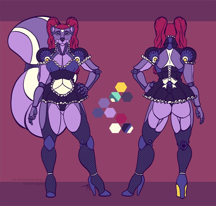 A purple android skunkette with built in maid outfit