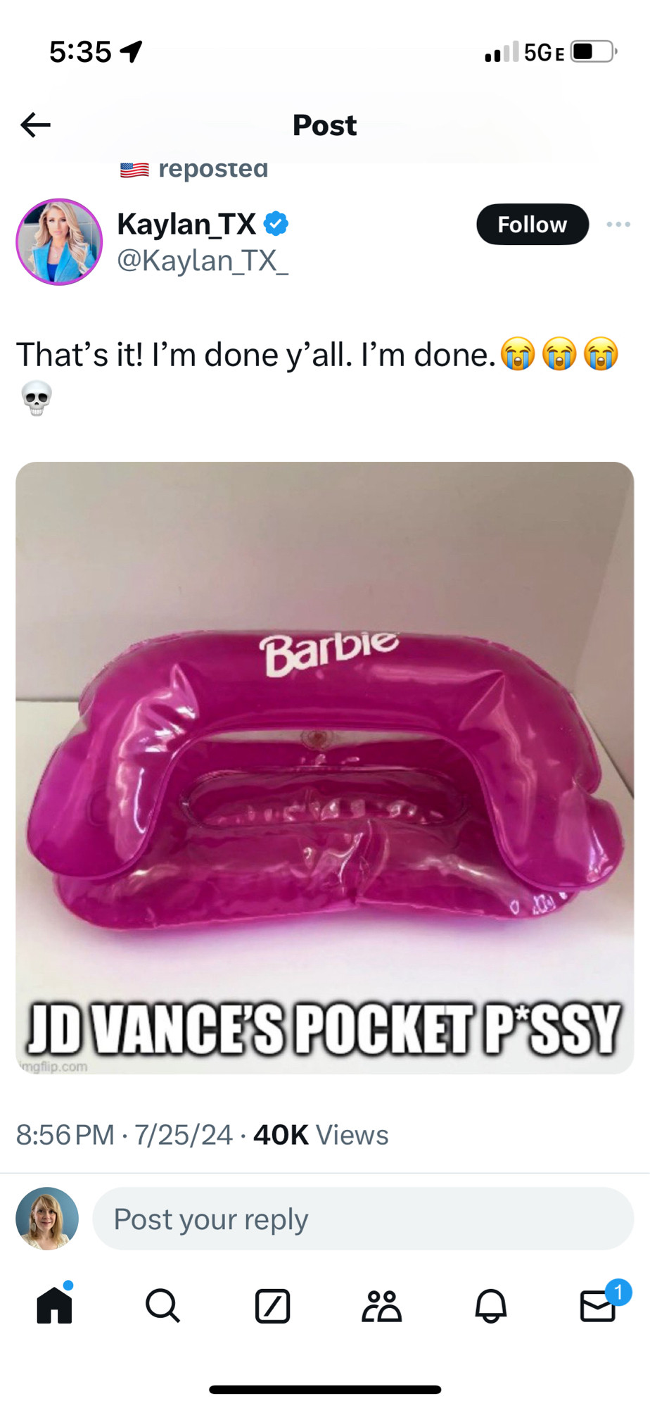 Pic from Twitter of pink inflatable Barbie Couch. Text says: JD Vance’s pocket p*say