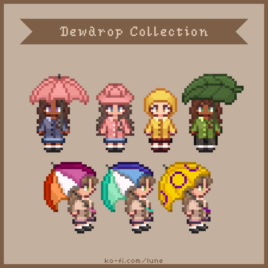 a preview of lune's stardew valley mod, the dewdrop collection. it features 6 colors of raincoats (cream, pink, red, yellow, green and blue) with matching rain hats and hoods. it also has matching umbrellas and additional pride flag umbrellas (asexual, bisexual, gay, intersex, lesbian, non-binary, pansexual, pride & trans flags) with an additional leaf umbrella.