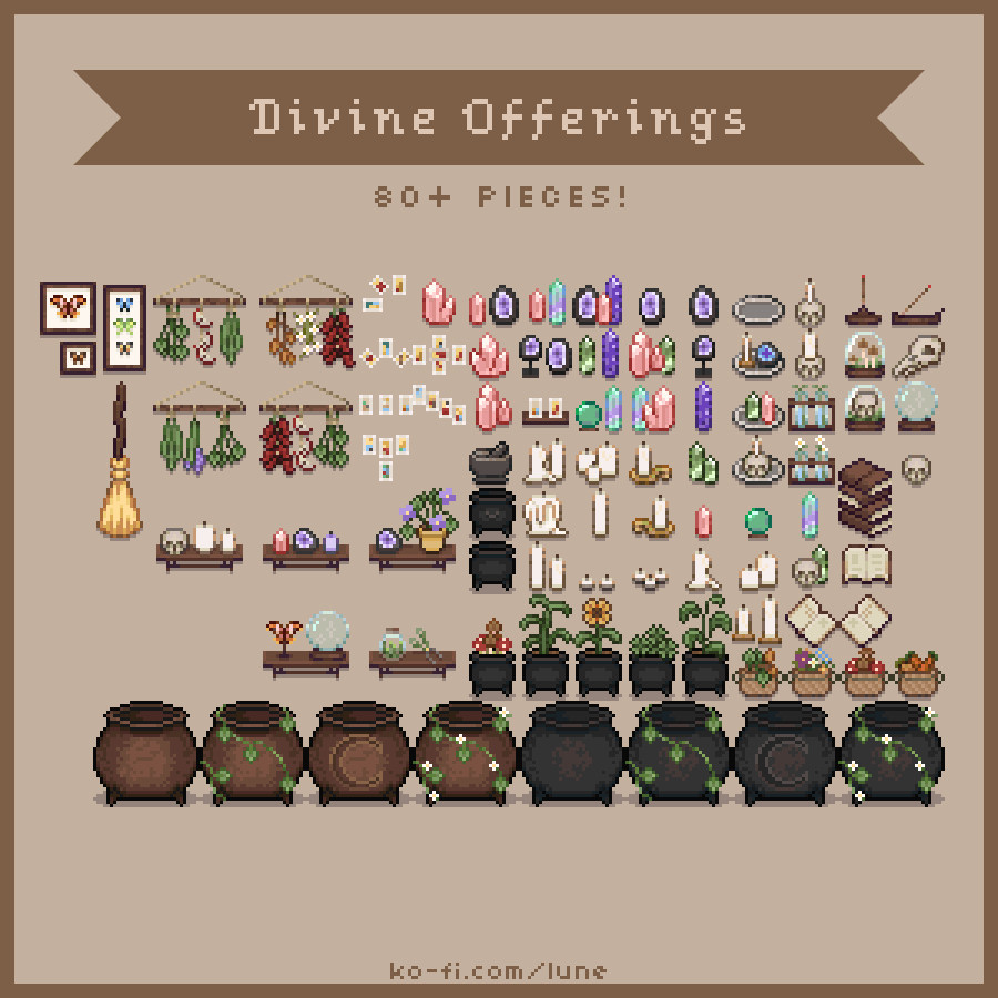 an image showcasing all of lune's pixel sprites for her stardew valley mod "divine offerings", which is a set of witchy-inspired decoration items. there's hanging dried herbs, a broom, shelves, crystals, tarot spreads, cauldrons, candles and open books.