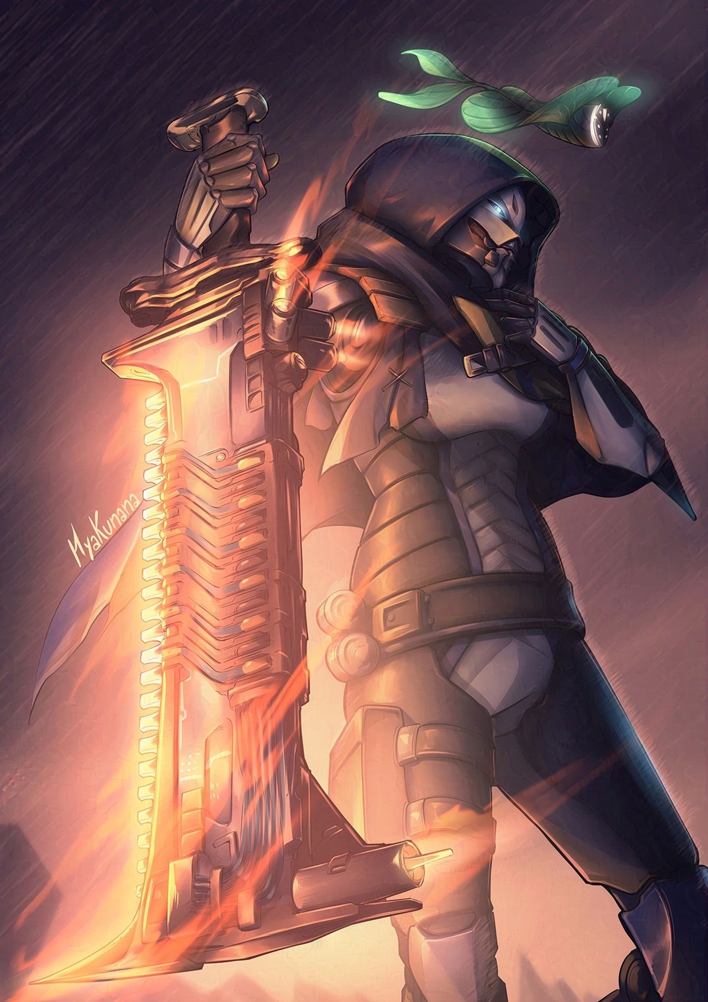 Tags: Destiny 2, destiny2art, art tab

Elsie Bray — the Exo Stranger — carries The Lament sword with her, charged and glowing, enlightening the storm. Her Pouka floats besides her.