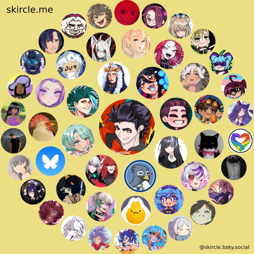 Allison Briarstars skircle.me

Inner: Skitty, SmallAnt, Nanite, Ghigeon, Zentreya, Nanri, Errol Ven, Drayfrjg

Middle: UnnämedNow, ??, Yuliette, Mao, Sansin, tsurudraws, uni, Kat, CleoBerry, Eggbunny?????, CadeCorvus, Writesout, Bluesky, Content Labeler, AiCandii

Outer Ring: BasilWoof, KuEn, Giwi, Hazumi, Jet Aggrind, ??, LucidFlesh, Noelle, ?, Back??, uhh, crying face with a scar?, Pronoun Labeller, I don't know who this is but looks like a Decidueye, dont know but a person with blue hair and either red horns or jojo posing, BERSERK BOY, Ori?, VelvetPuppy, idk but Long black hair with maybe elf ears and definite goth vibes, Houya Hafu, a guy in a black t-shirt, Aiyoku Nakasu, enby in a hat, worgen death knight, Takahata101, white haired person grinning maniacally

...I'm so bad with names and faces sorry;;;