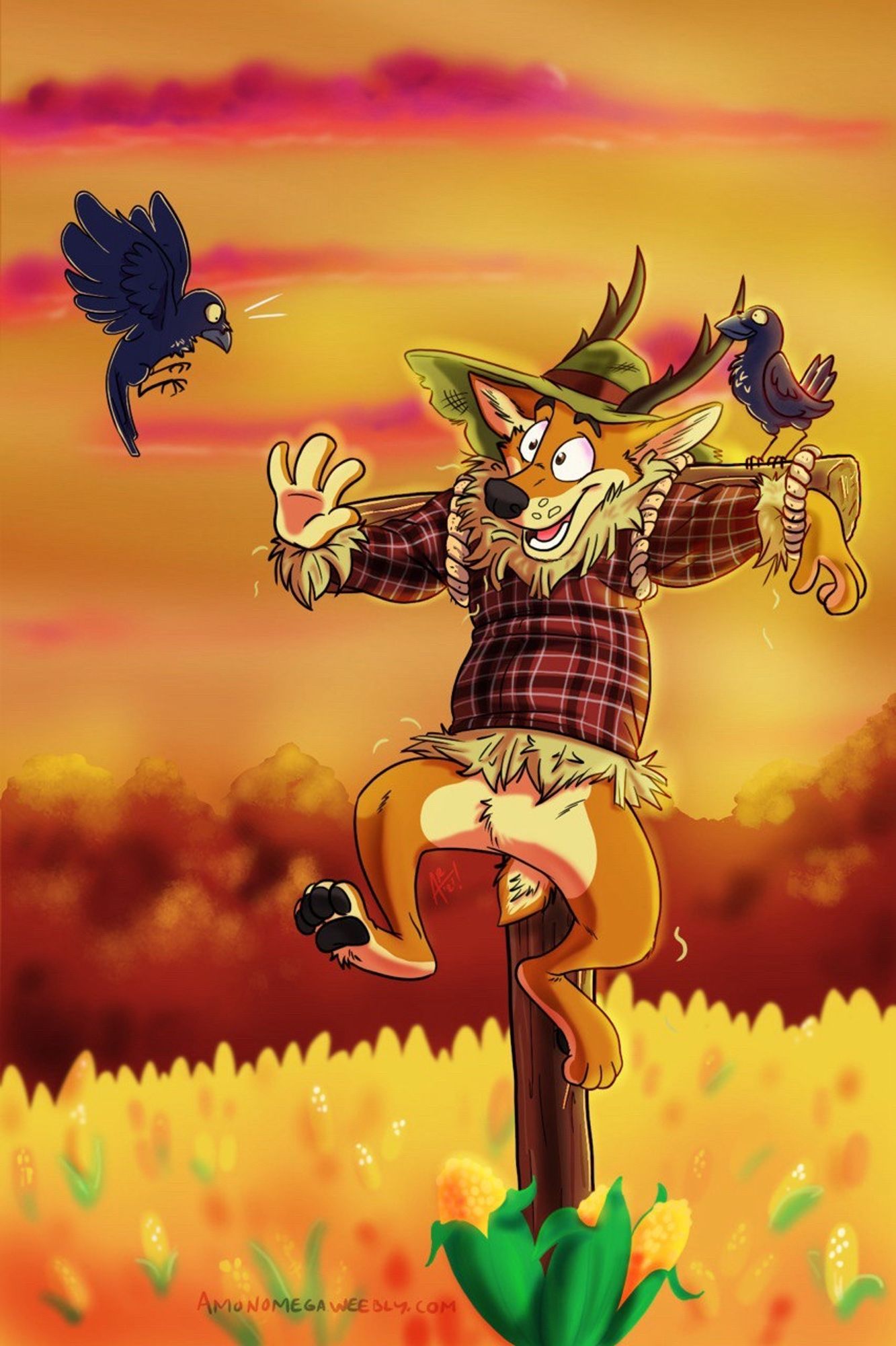 Autumn picture of a deer/coyote hybrid, looking mostly like a toony coyote with antlers, a deer nose, and a smaller tail, hanging from a post like a scarecrow in a cornfield. He’s very happy about being here. Two curious crows approach. They aren’t scared at all.