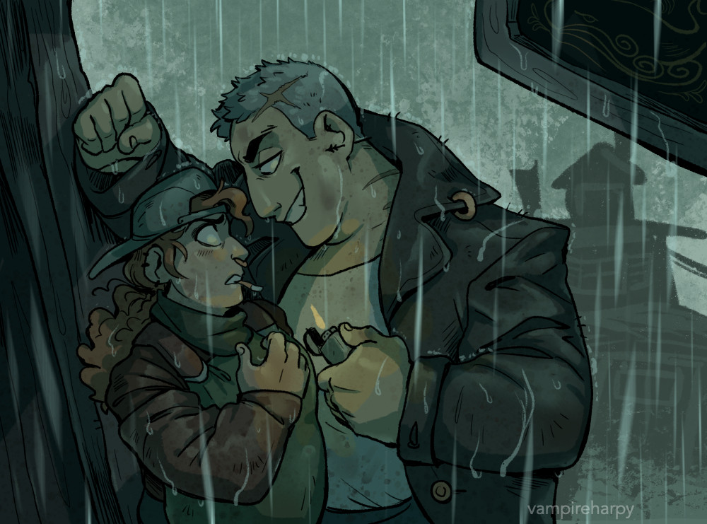 an illustration of two characters in the rain