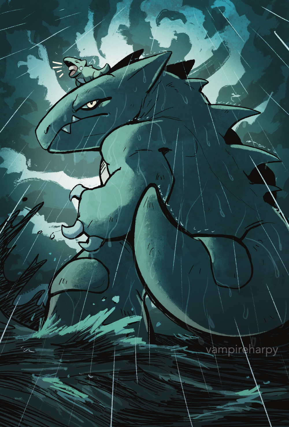 a drawing of the beta Pokemon Gawarhed/Gyaoon in the water. On its snout is the beta Pokemon Decilla.