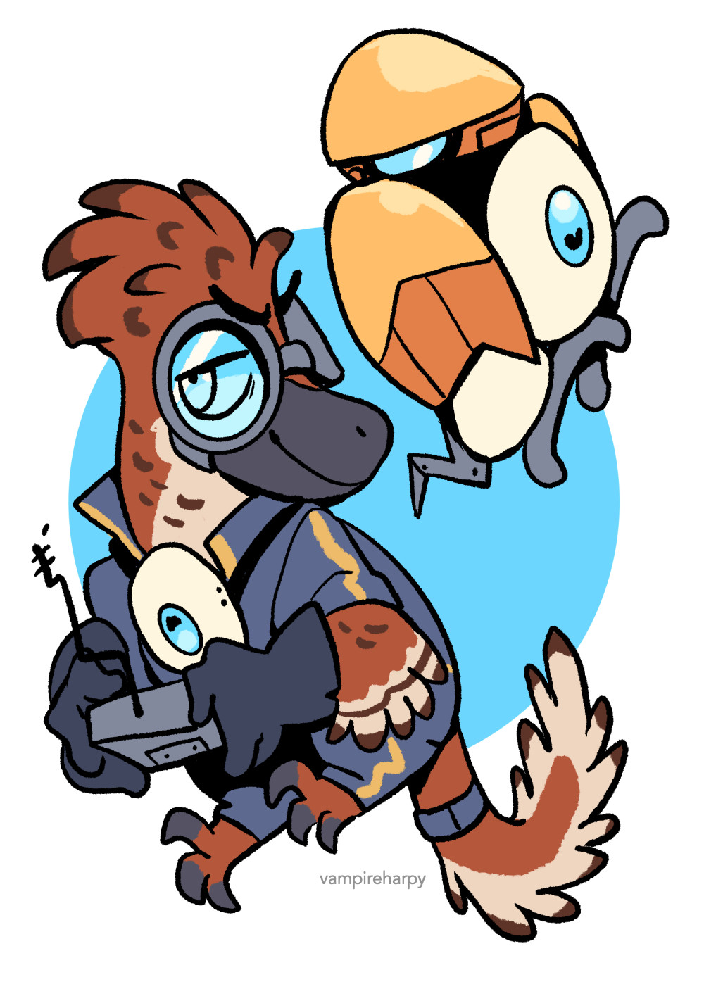 a drawing of a raptor character in googles and jumpsuit holding a controller, with a little robot next to them