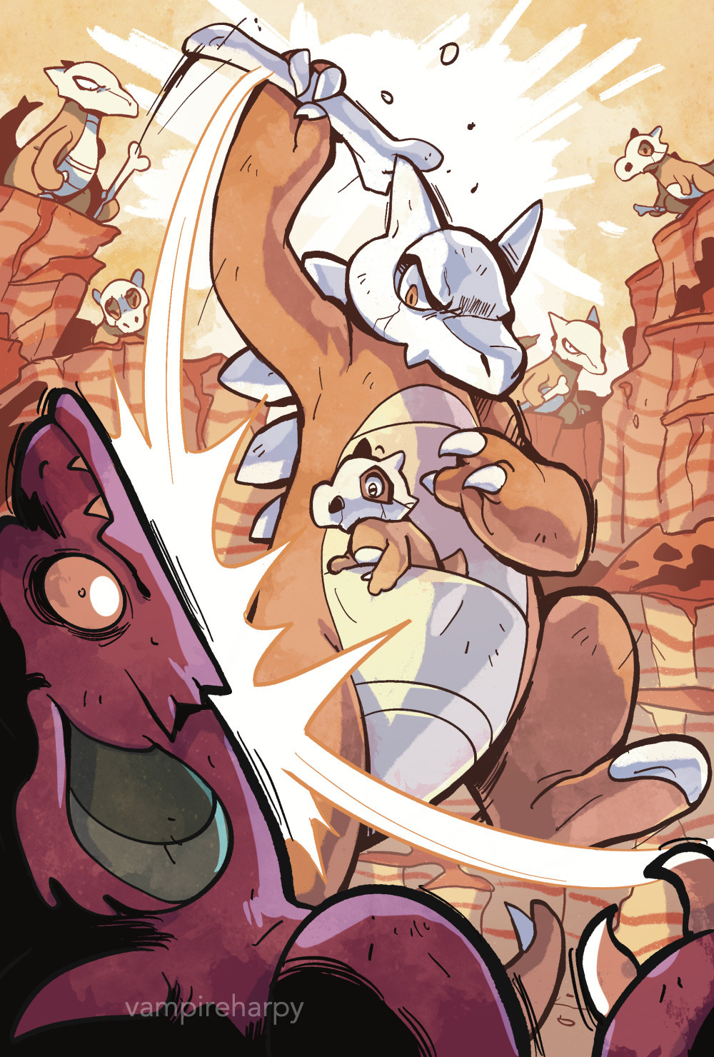 A drawing of the beta Pokemon Guardia, attacking a Nidoking with a Cubone in its pouch.