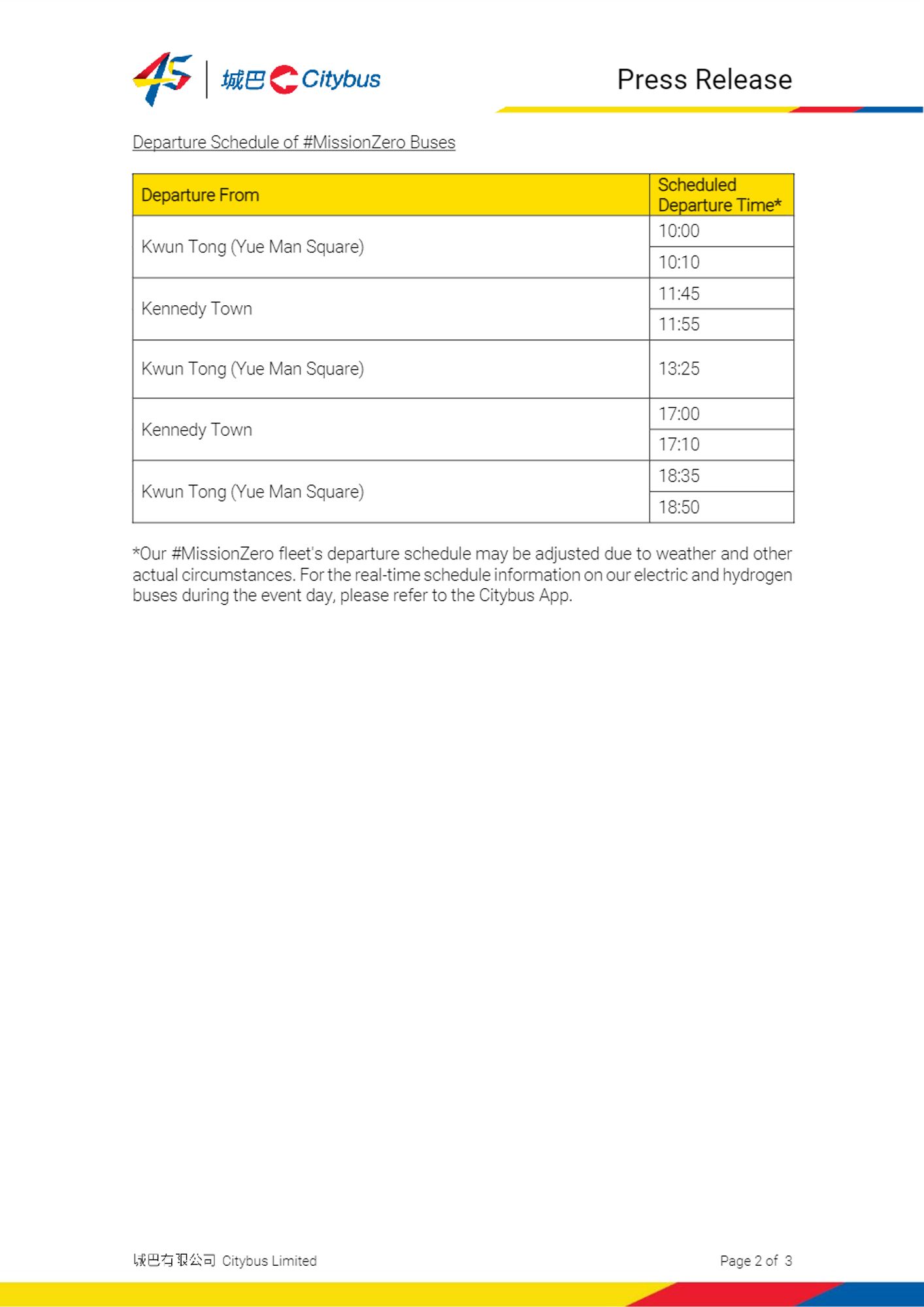 A Citybus press release detailing the departure schedule of #MissionZero buses.