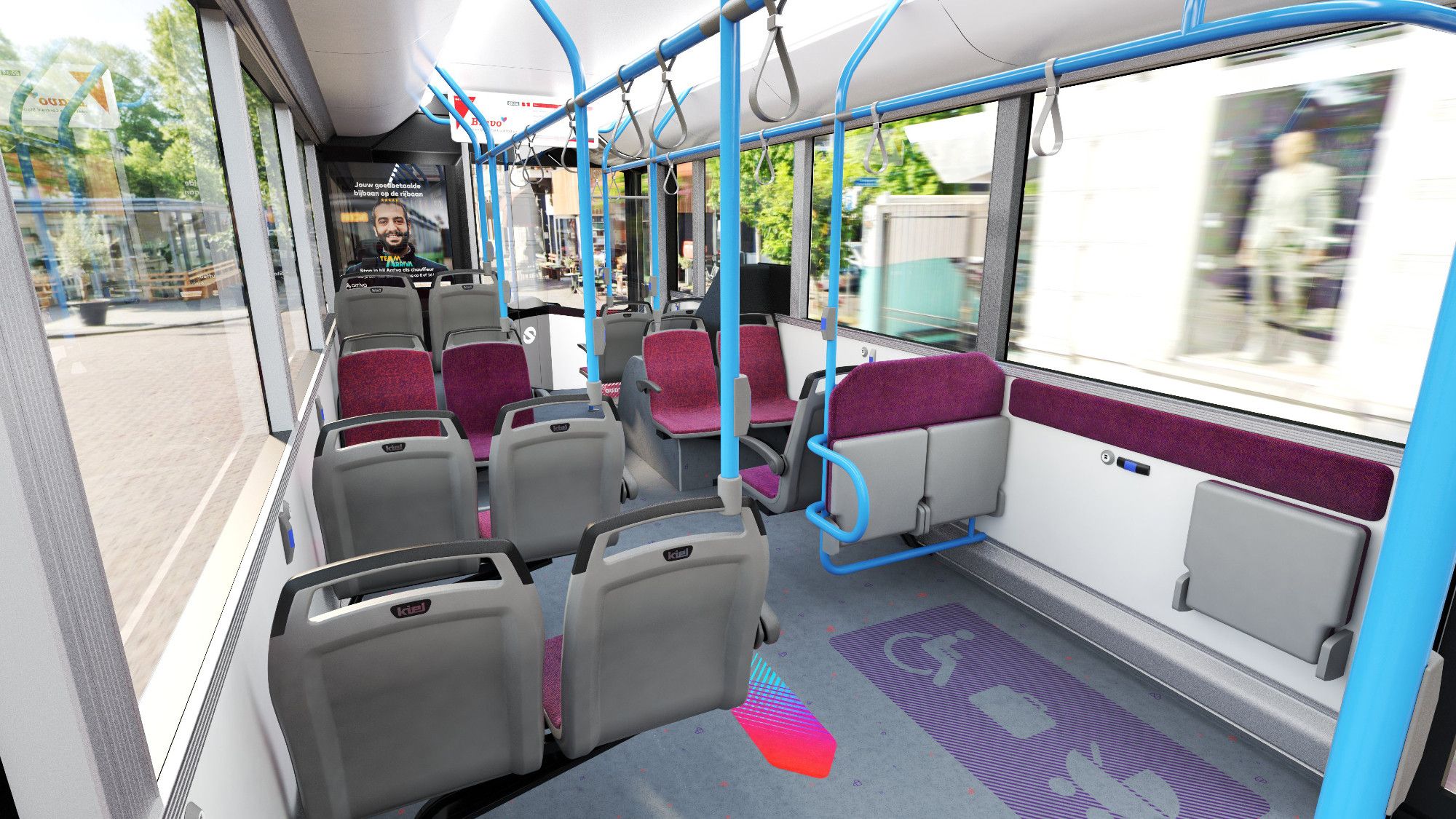 Interior of an empty bus with rows of seats and blue handrails.

Photo by Solaris