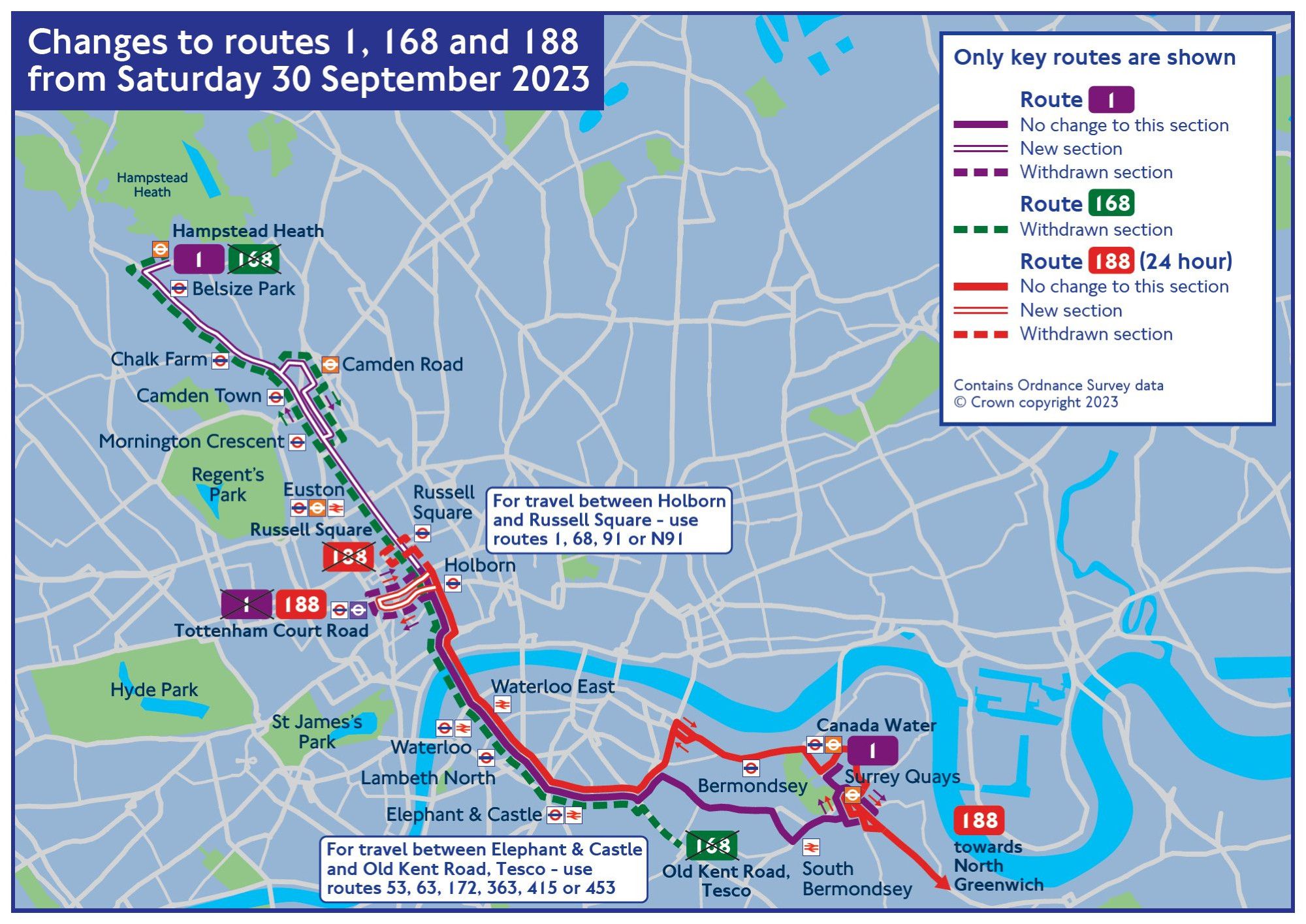 Map of changes to London Bus routes 1, 168 and 188 from Saturday 30 September 2023