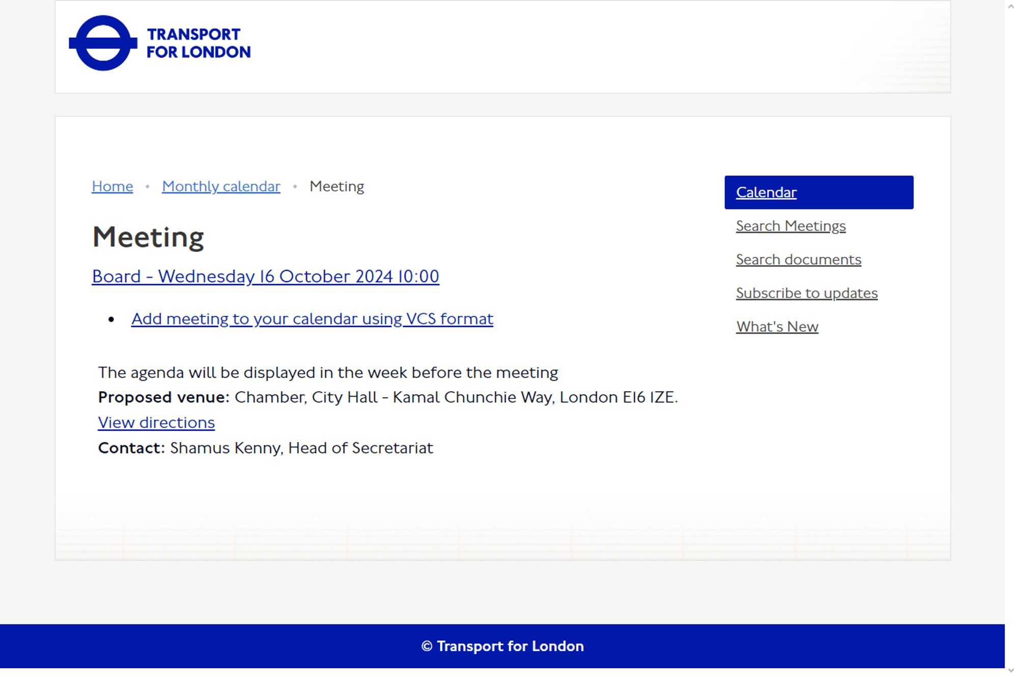 A webpage for a Transport for London Board meeting scheduled for 16th October 2024.