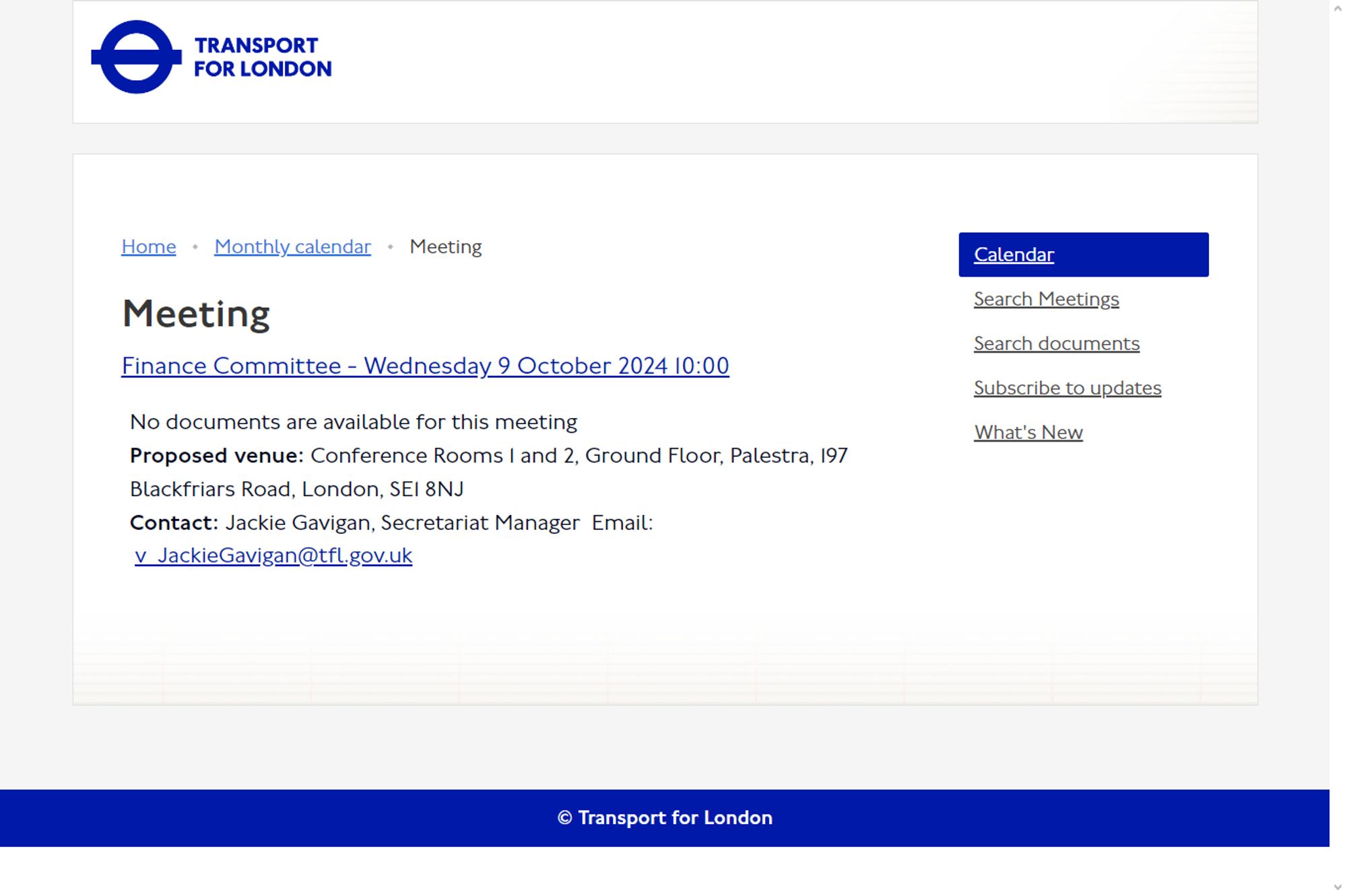 Screenshot of Transport for London's website detailing a Finance Committee Meeting scheduled for 9 October 2024.