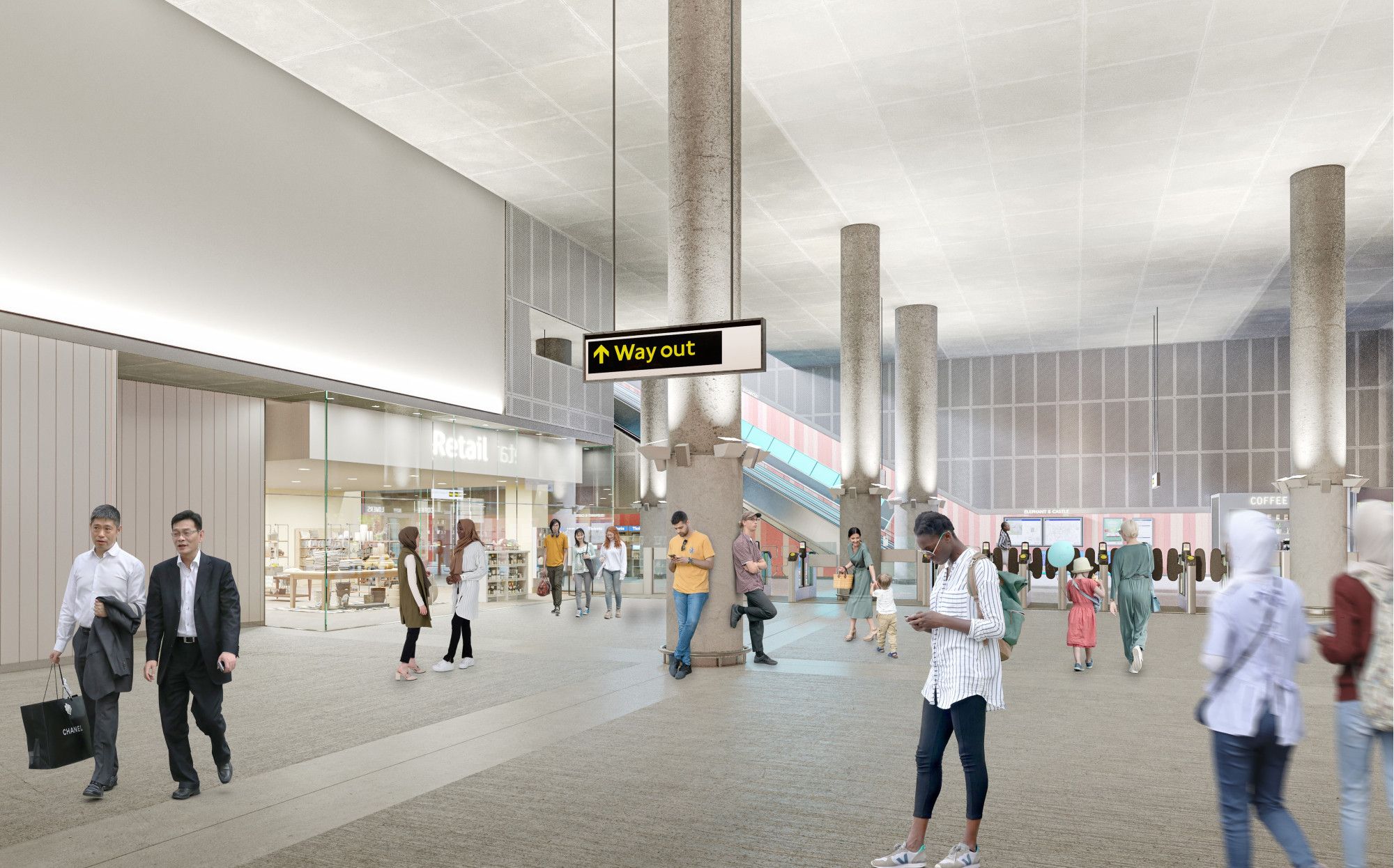 TfL Image - CGI - Elephant & Castle Tube station Interchange Level View from paid Side of Gateline