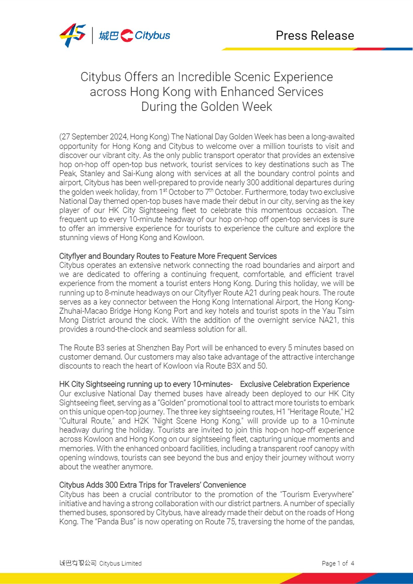 An image of a Citybus press release detailing enhanced services and scenic experiences in Hong Kong during Golden Week.