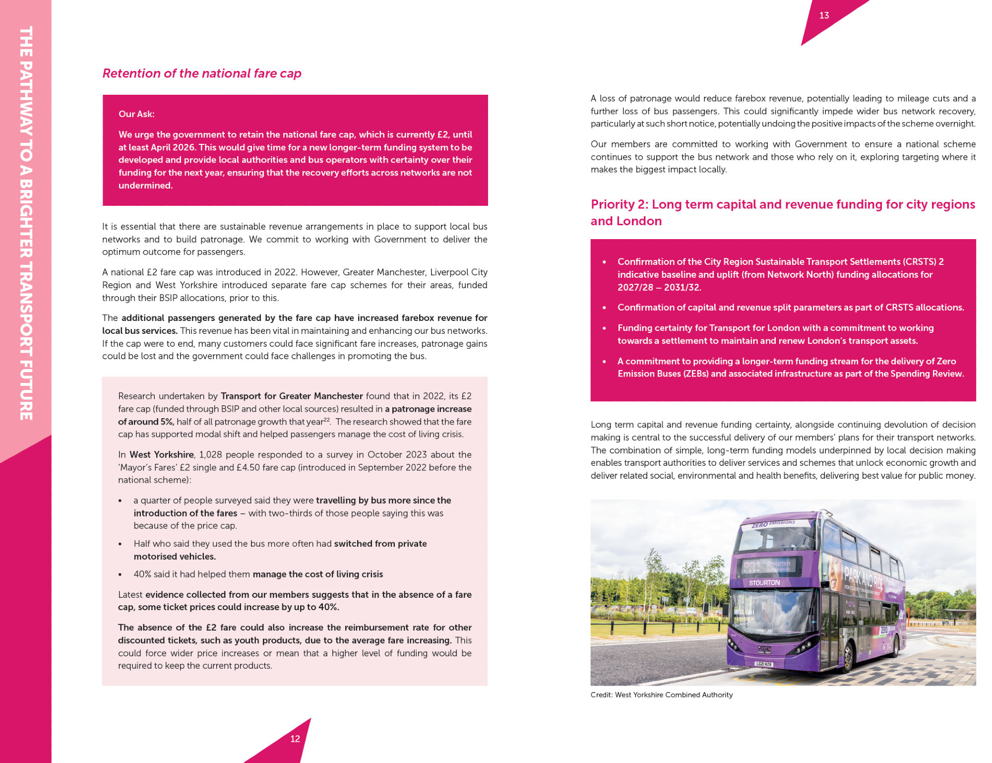 Document discussing retention of national fare cap and funding for city region transport with a bus image at the bottom.