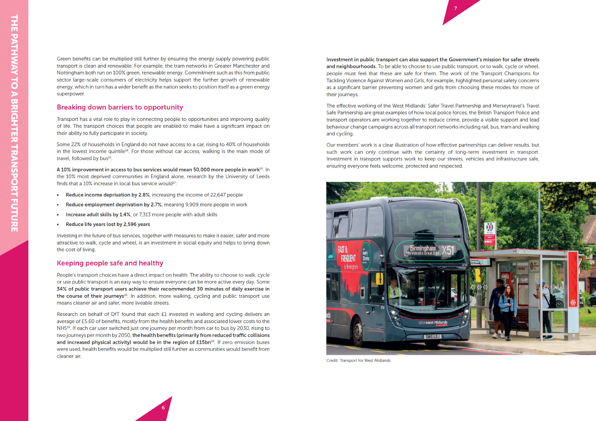 A double-decker bus at a stop with passengers boarding, in a report page about transport's role in sustainability.