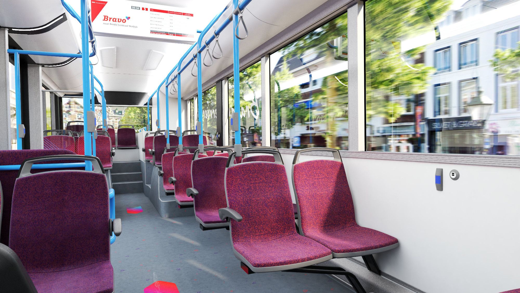 Interior of an empty bus with red seats, moving on a sunny day.

Photo by Solaris