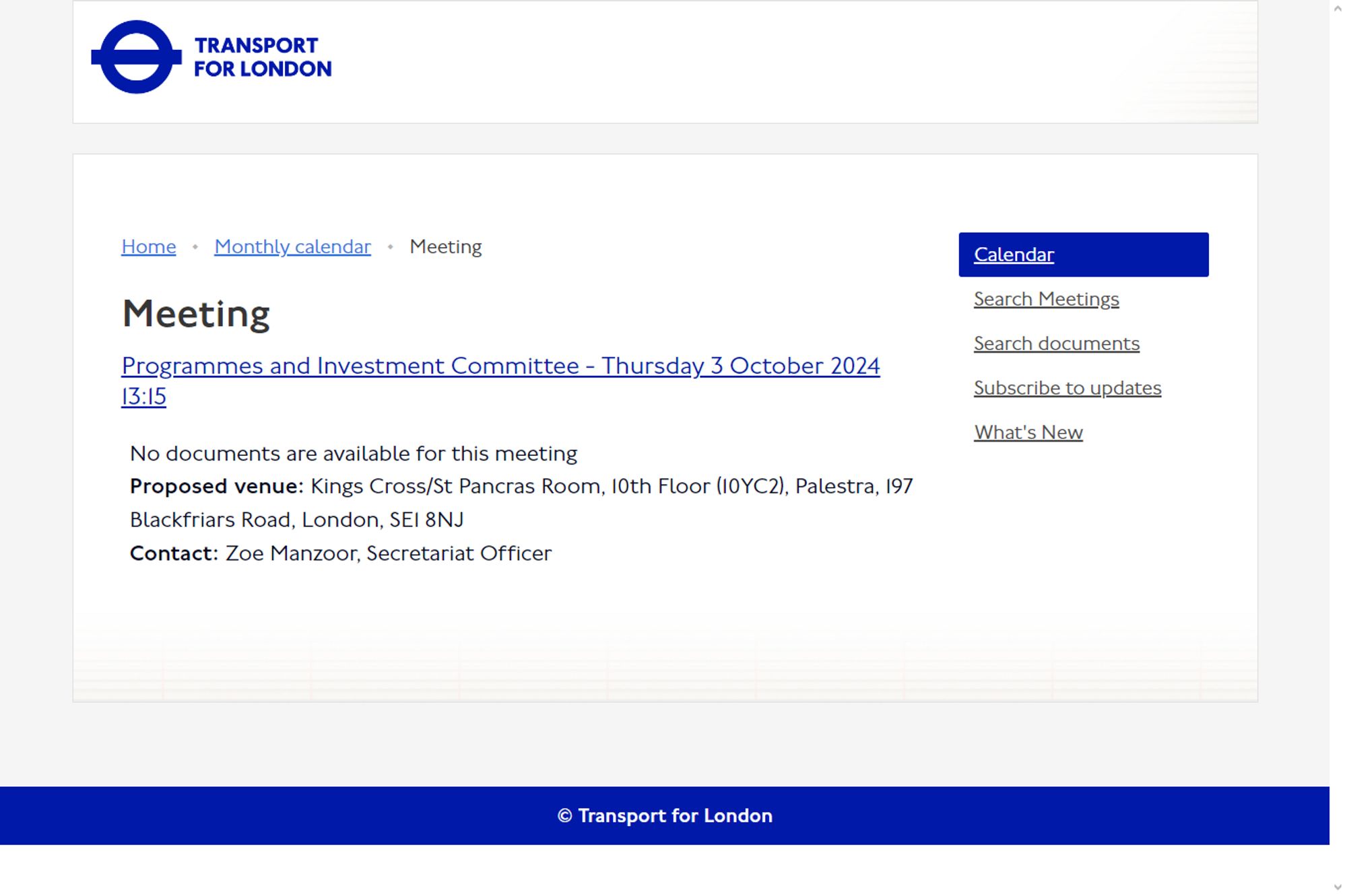 Screenshot of a Transport for London meeting page for the Programmes and Investment Committee on 3 October 2024.