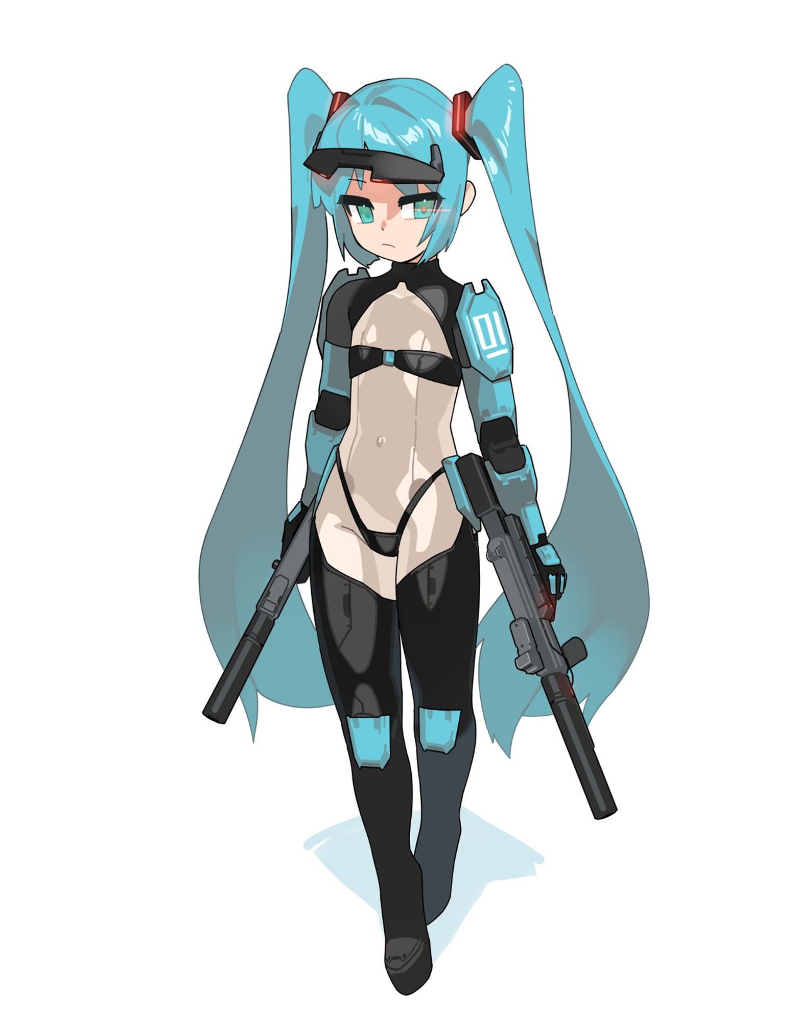 hatsune miku with debeso (outie navel) and two Misriah Armoury M7 submachine gun