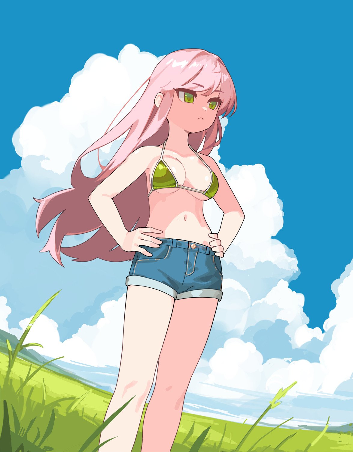 pink hair girl stands in grass with a big clouds in back