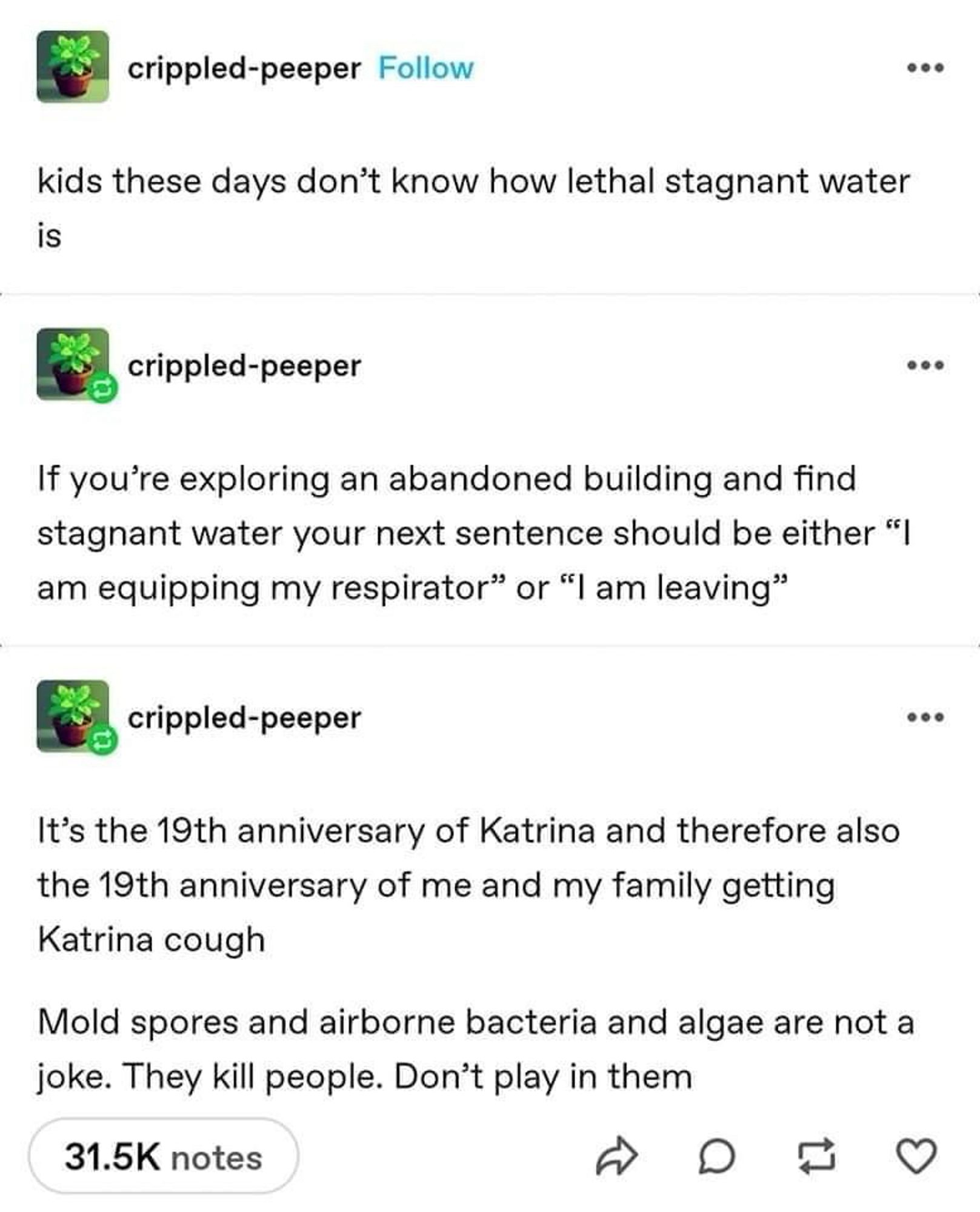 A series of Tumblr posts: 

Kids these days don’t know how lethal stagnant water is 

If you’re exploring an abandoned building and find stagnant water, your next sentence should be either, “I am equipping my respirator“ or “I am leaving.“

It’s the 19th anniversary of Katrina and therefore also the 19th anniversary of me and my family getting Catrina cough 

Mold spores and airborne bacteria and algae are not a joke. They kill people. Don’t play in them.