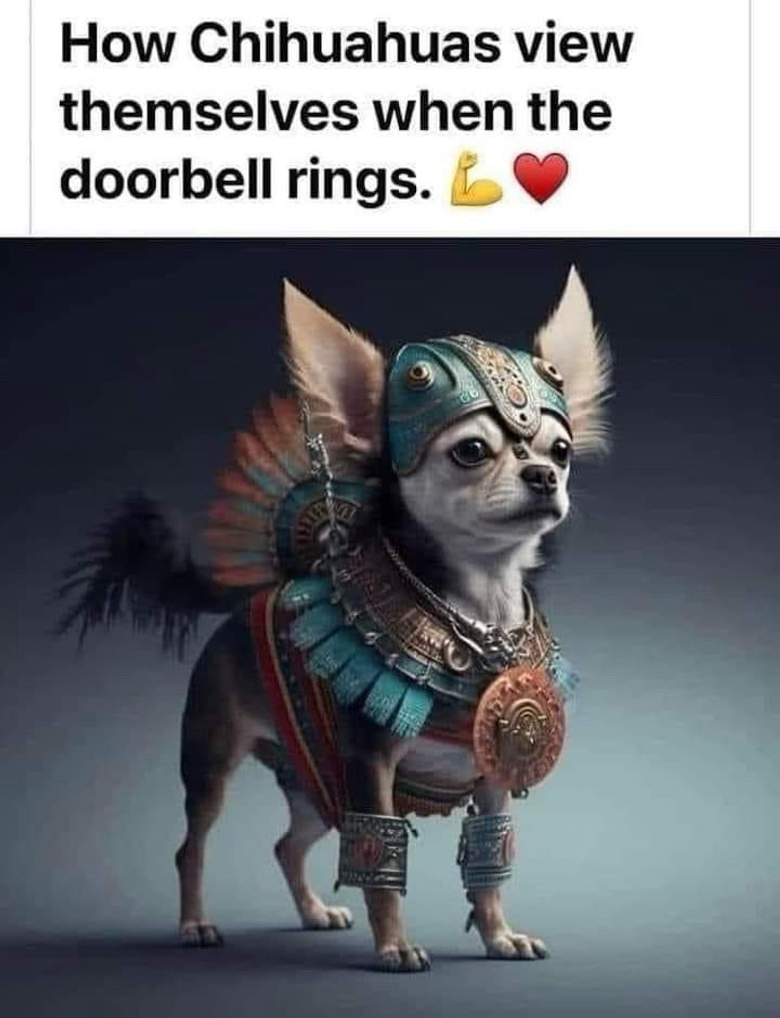 A chihuahua dressed as an Aztec warrior, labeled “How chihuahuas view themselves when the doorbell rings.”