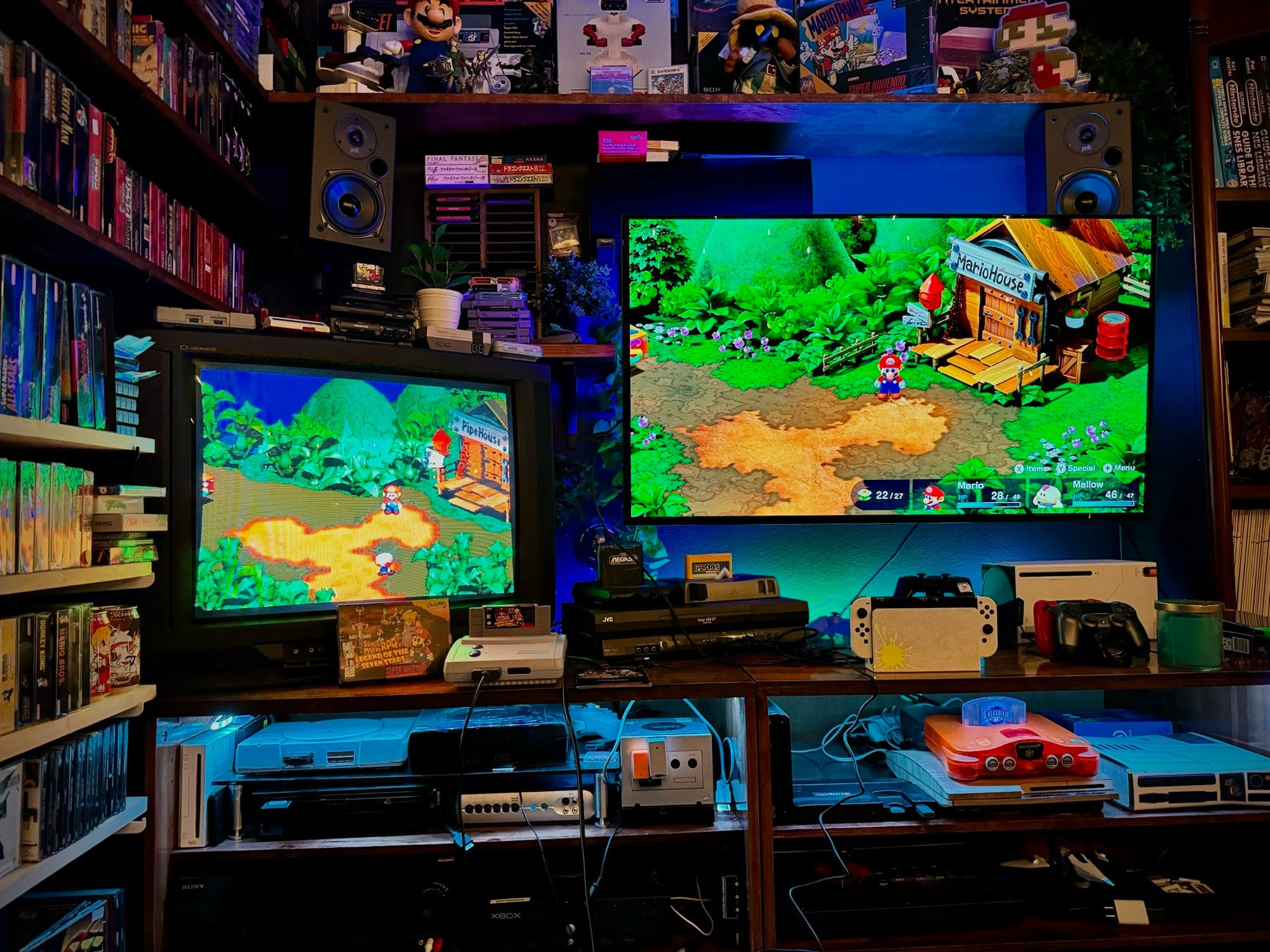 Super Mario RPG running on an SNES and displayed on a CRT on the left side of a TV stand next to it running on the Switch and displayed on an OLED on the right side. It’s showing the same scene, Mario’s House, in each game, showing how faithful the remake was to the original game.