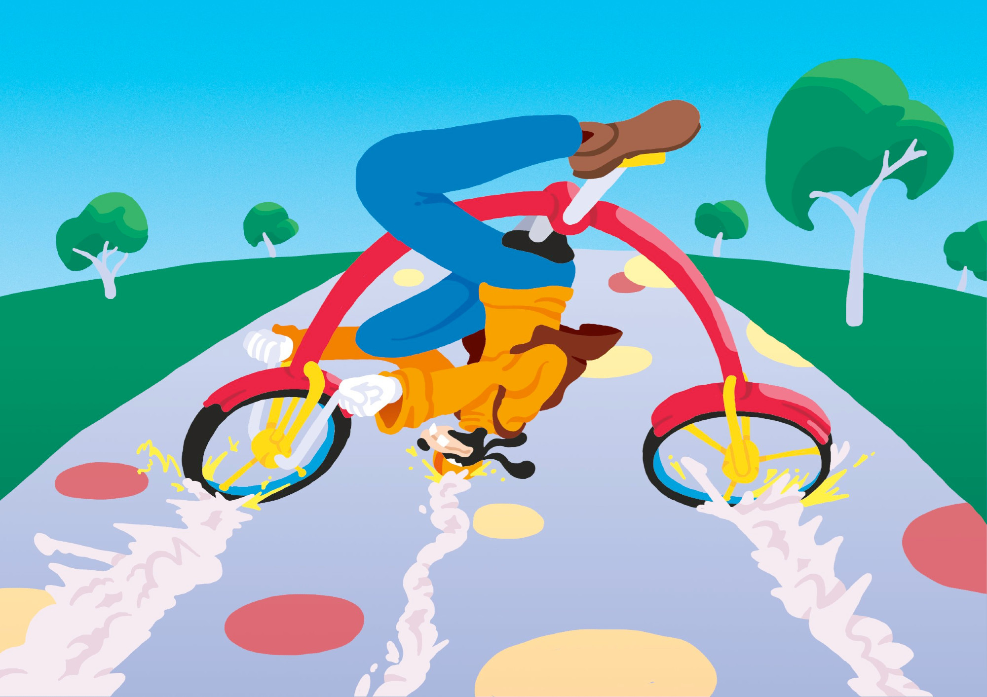 Goofy doing the akira slide on a sort of upside-down bicycle.