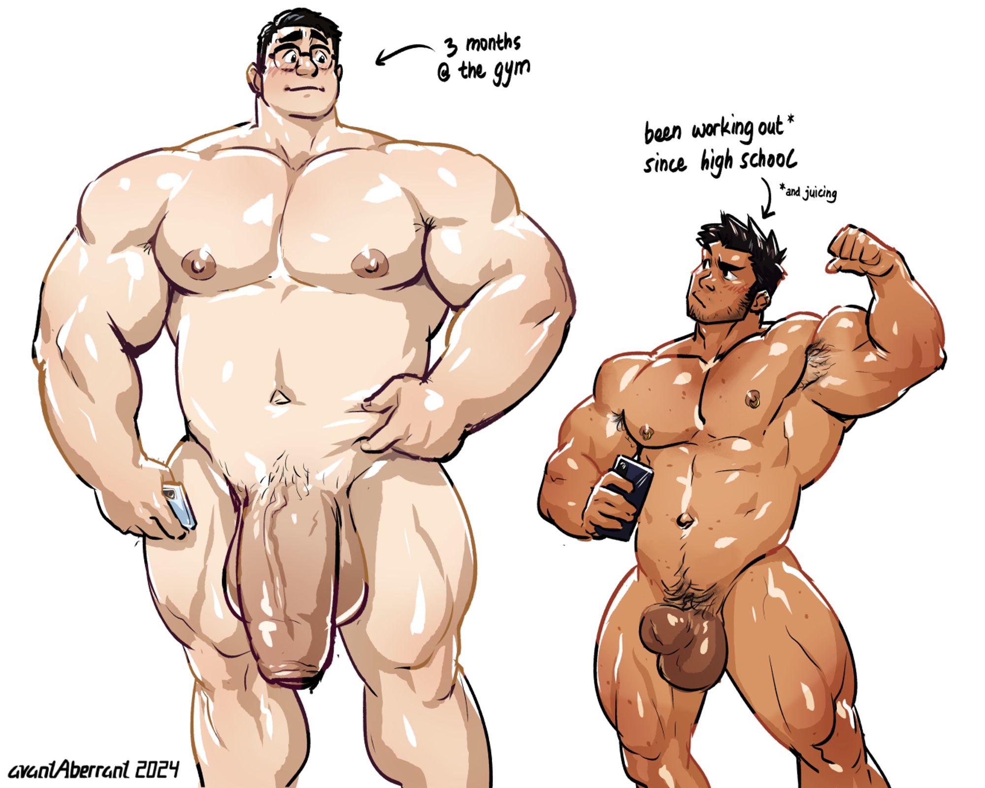 Digital art of 2 naked guys. Guy on the right is a bodybuilder: big muscles, deeply tanned skin, with a few noticeable acne spots scattered across his body. His cock looks like it's significantly enhanced using saline or silicone injections. Text above him says "Been working out (and juicing) since high school". Guy on the left is nearly 2 heads taller than him, pale like he barely goes outside, has a baby face with glasses, but is massively muscular, probably weighing 2x if not 3x as much as the bodybuilder, not to mention he has a huge cock as big as the bodybuilder's thigh. Text above him says "3 months at the gym".