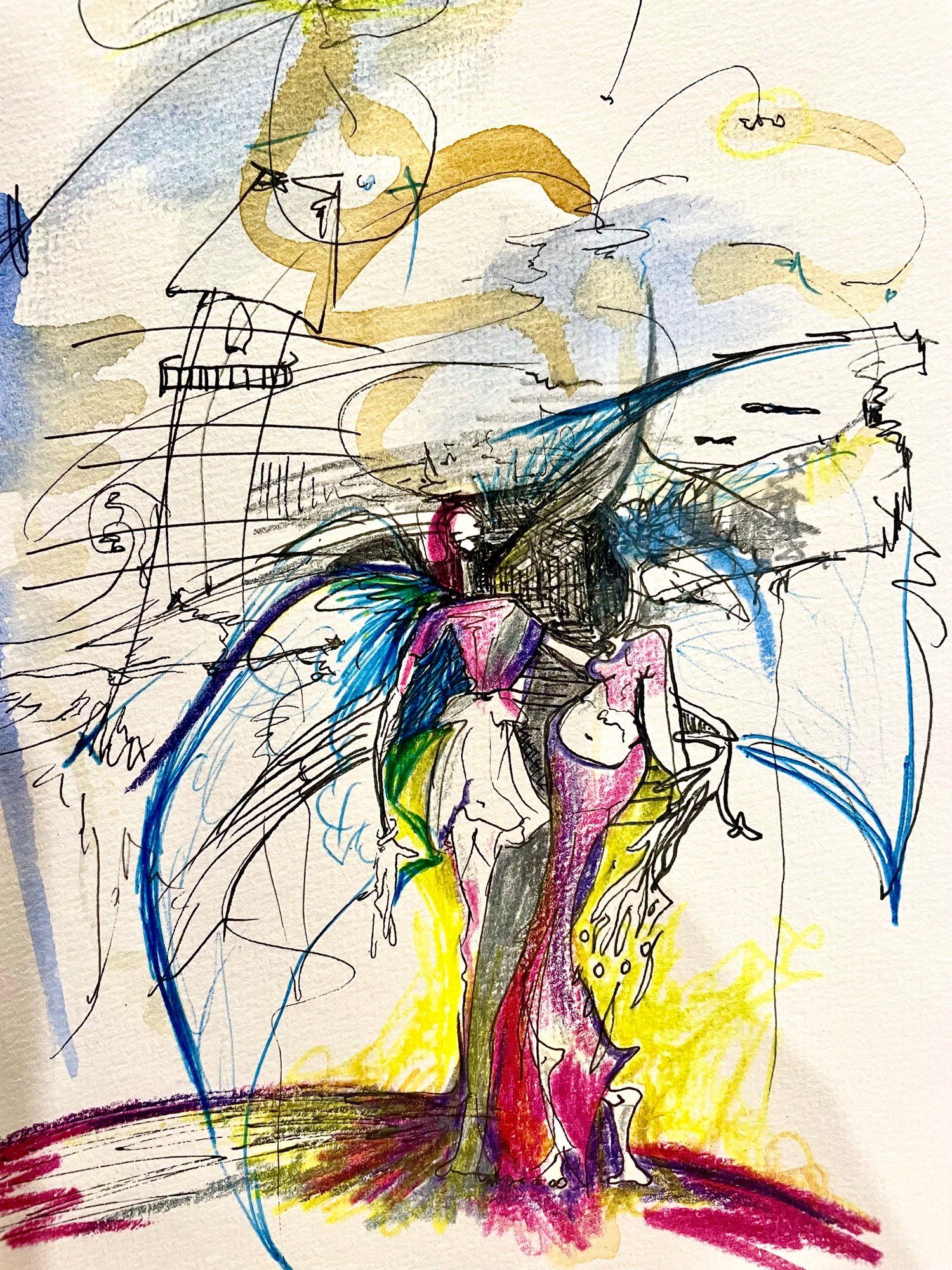 A sketchy messy stains of pink yellow and blue with black black pen sketch of a man and woman dancing